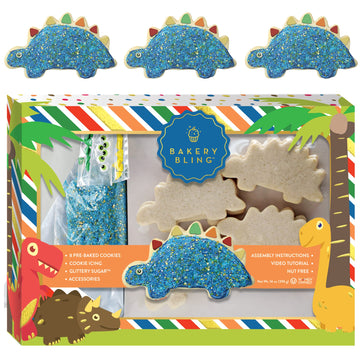 Cookie Decorating Kit With Cookies - Dinosaur Designer Sugar Cookie Kit - 8 Pre-Baked Vanilla Dinosaur Cookies, Cookie Icing, Ed