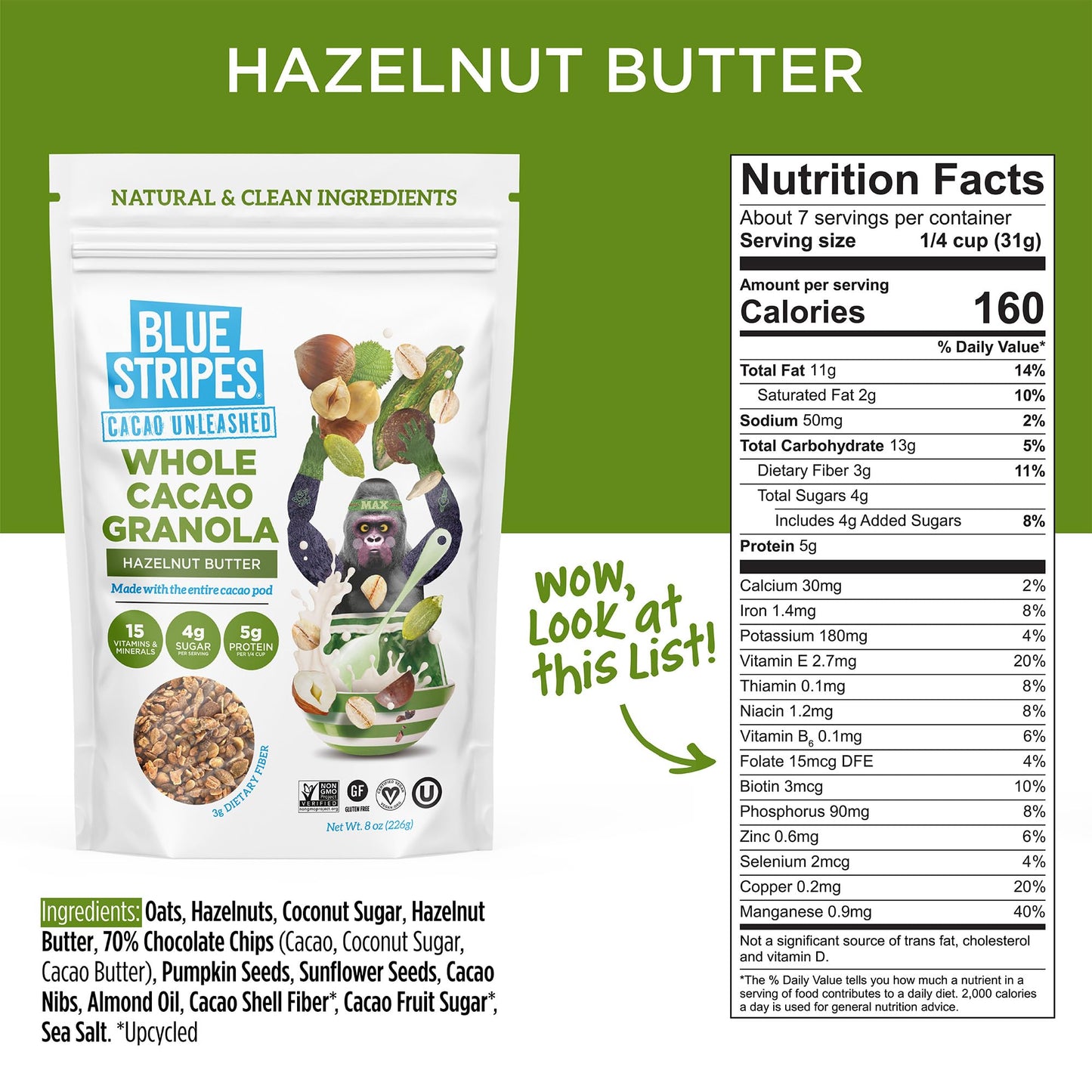 Blue Stripes Whole Cacao Granola - Gluten Free Dark Chocolate Granola for Cereal, Oatmeal, Yogurt, 5g Protein Per Serving, Sourc