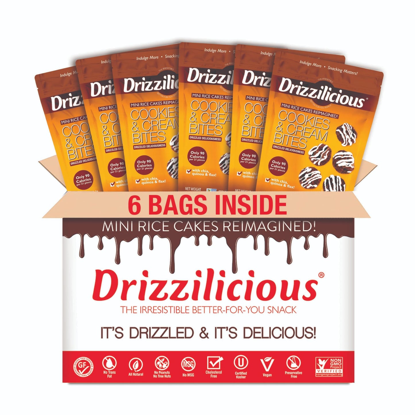 Drizzilicious Mini Rice Cakes Cookies & Cream - Rice Crisps, Healthy Snack For Mature-Themeds And Kids, Flavored Rice Cakes, Vegan, Gluten Free, Only 90 Calories Per Serving - 4 Oz (Pack Of 6)