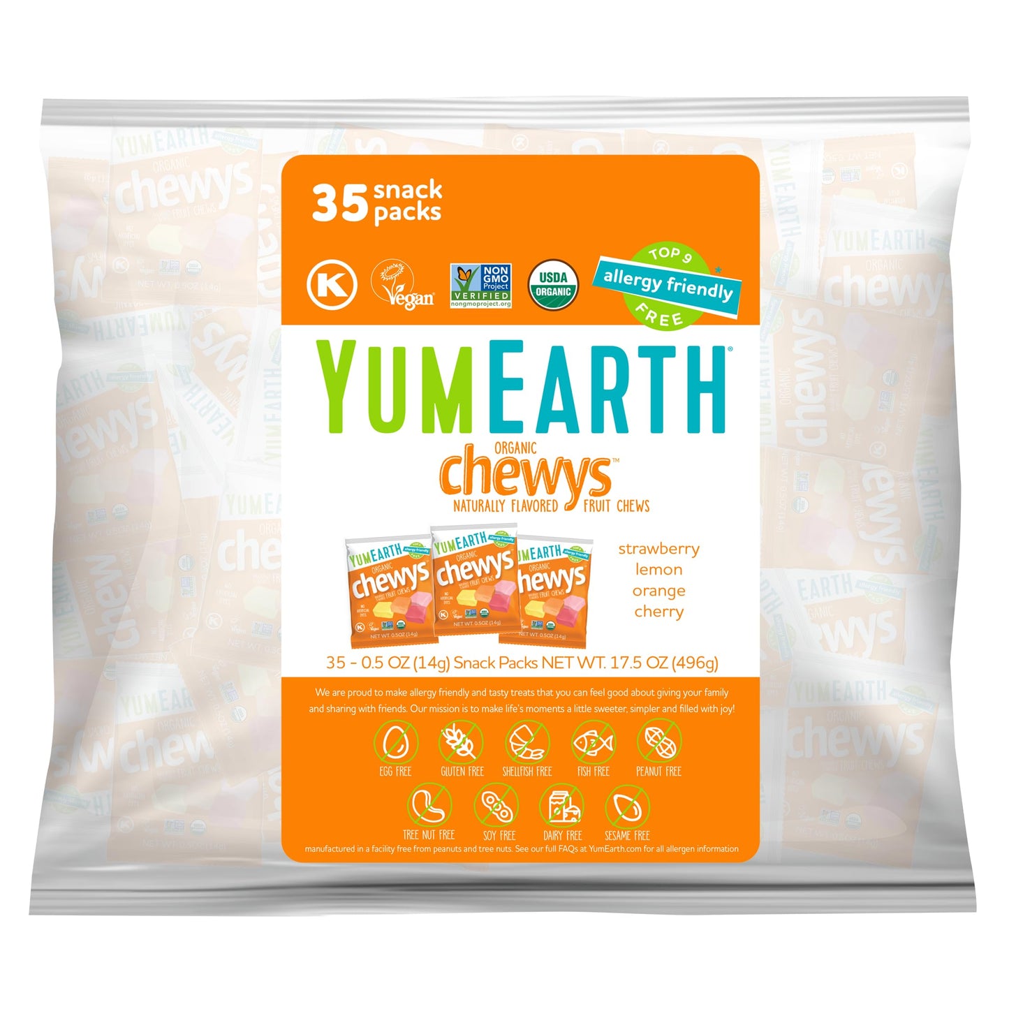 YumEarth Organic Chewys Fruit Flavored Candy Chews - Allergy Friendly  Gluten Free  Non-GMO  Vegan  No Artificial Dyes - Assorted Flavors 35ct Bulk Bag