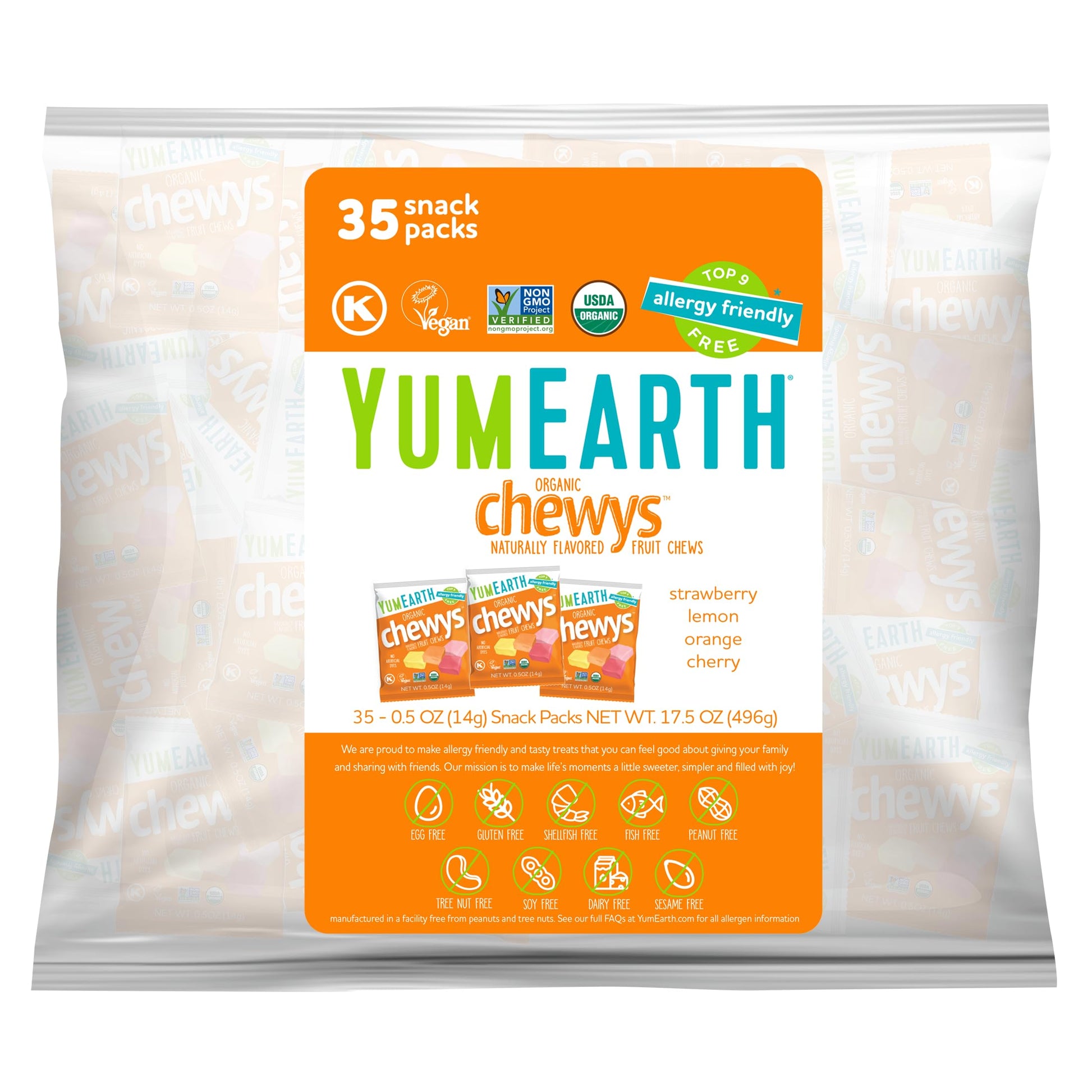 YumEarth Organic Chewys Fruit Flavored Candy Chews - Allergy Friendly  Gluten Free  Non-GMO  Vegan  No Artificial Dyes - Assorted Flavors 35ct Bulk Bag