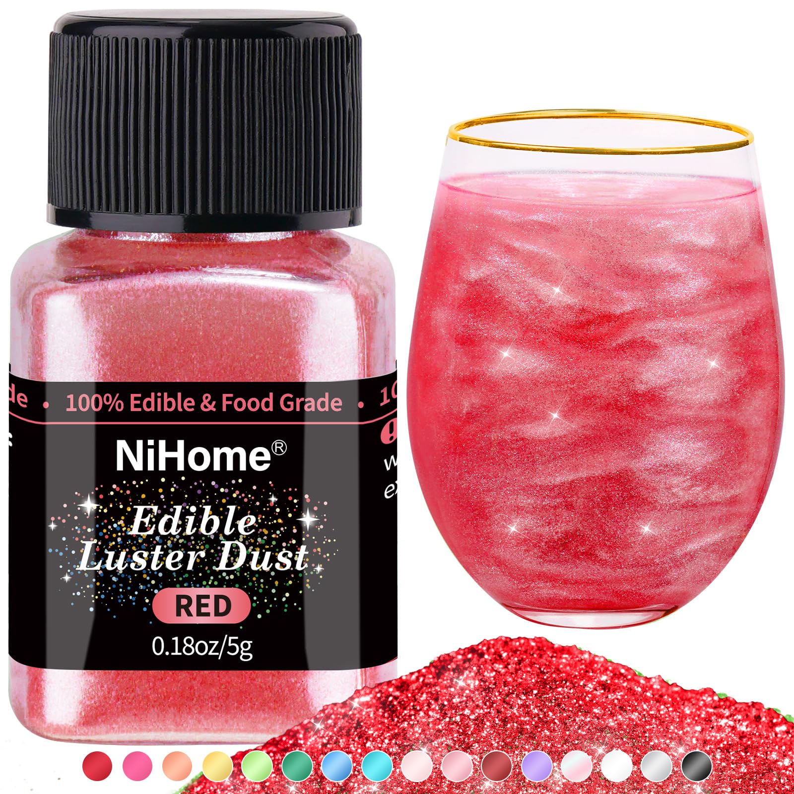 NiHome Glimmer Powder - Edible Metallic Food Decorating Dust, 5g/0.18oz, Red, Vegan, Perfect for Cakes, Desserts, and Beverages