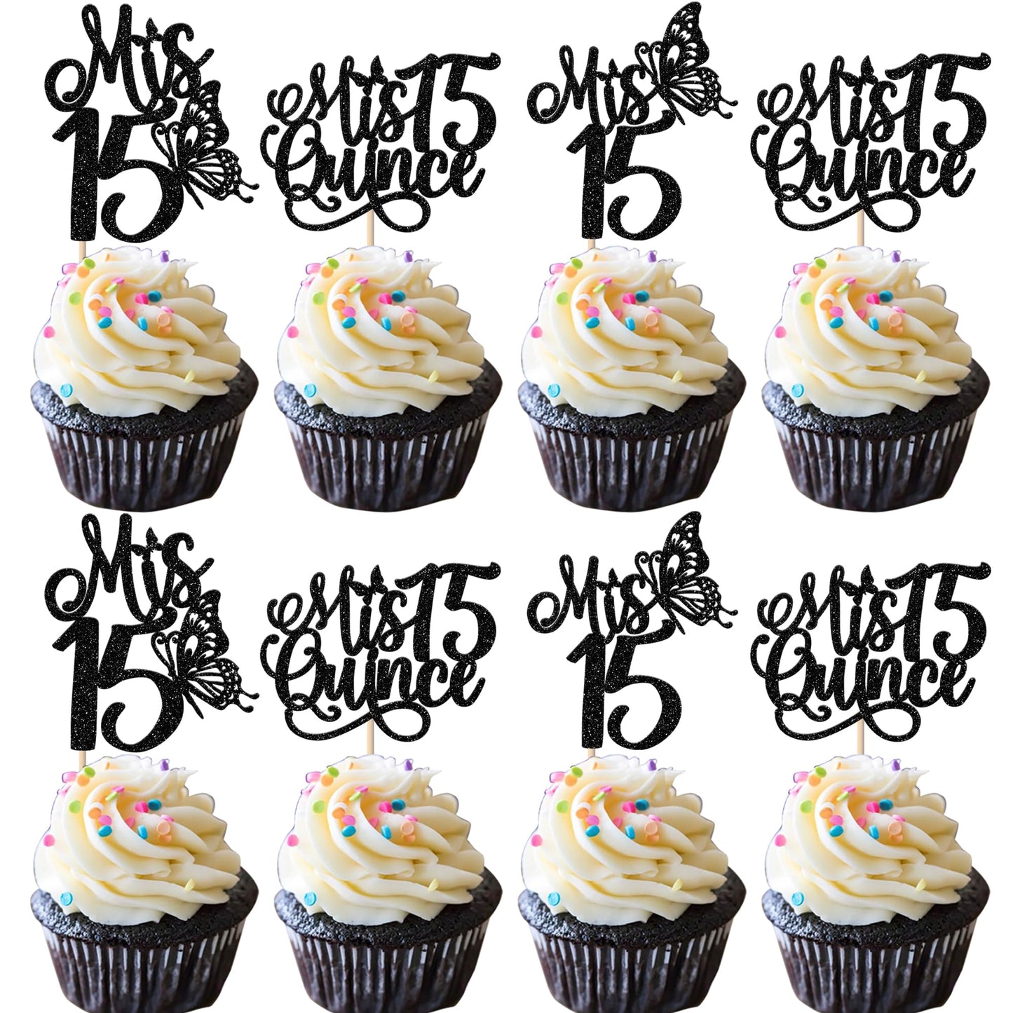 Rsstarxi Cupcake Toppers, 24 Pack, Glitter, Black, 15th Birthday Decorations