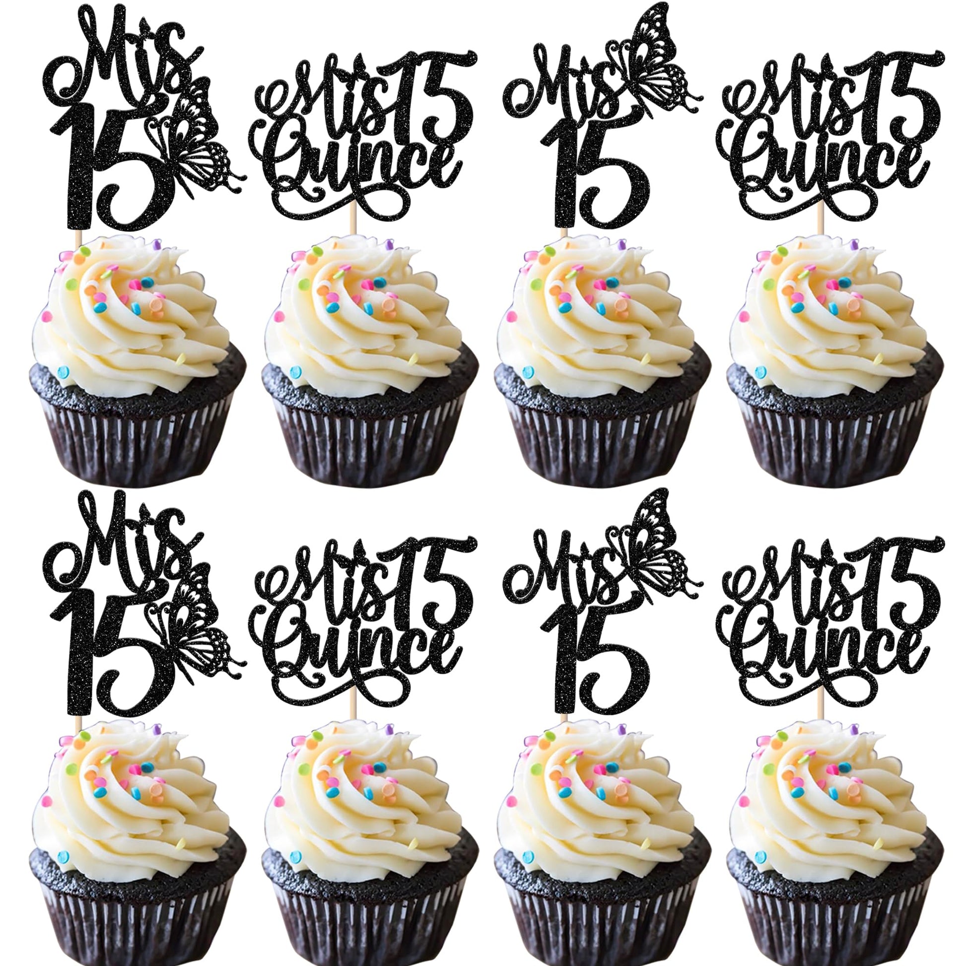Rsstarxi Cupcake Toppers, 24 Pack, Glitter, Black, 15th Birthday Decorations