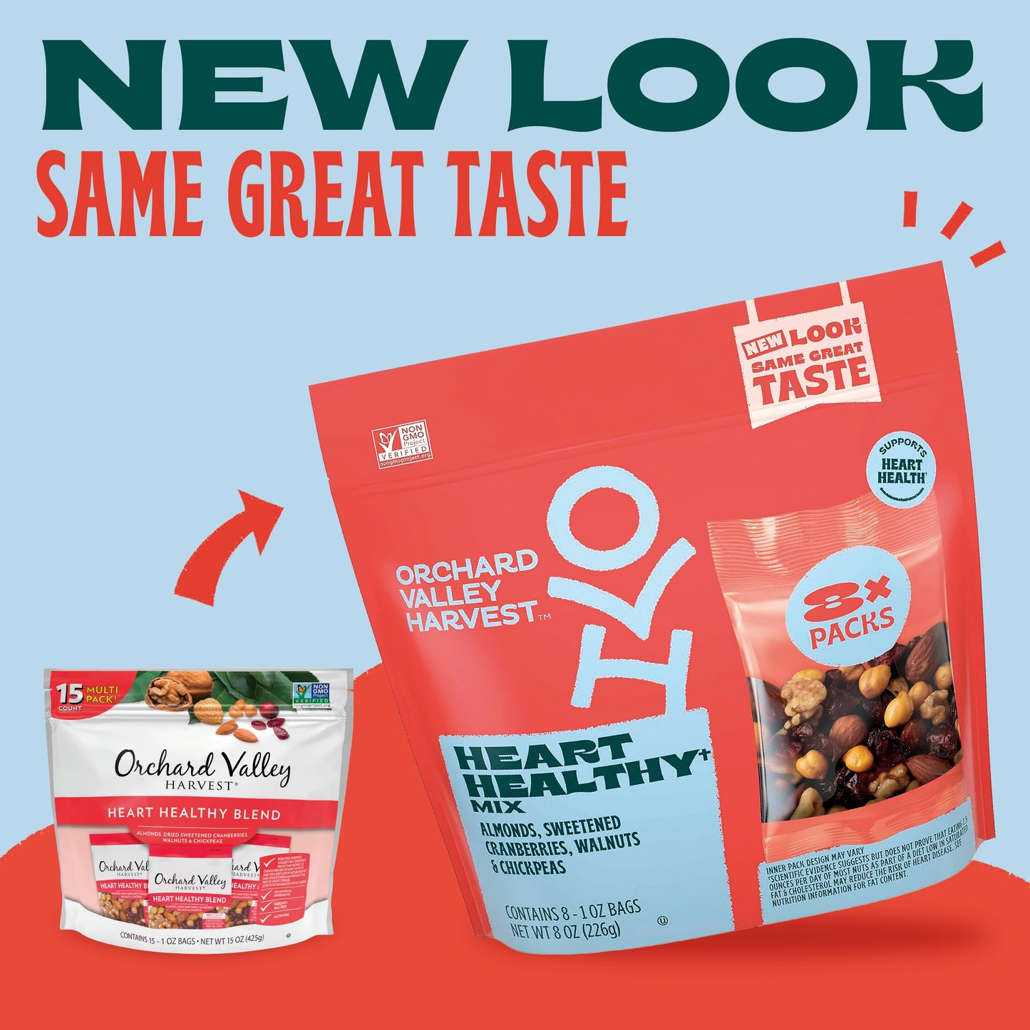 Orchard Valley Harvest Heart Healthy Blend, 1 Ounce Bags (Pack of 8), Almonds, Cranberries, Walnuts, and Chickpeas, Gluten Free,