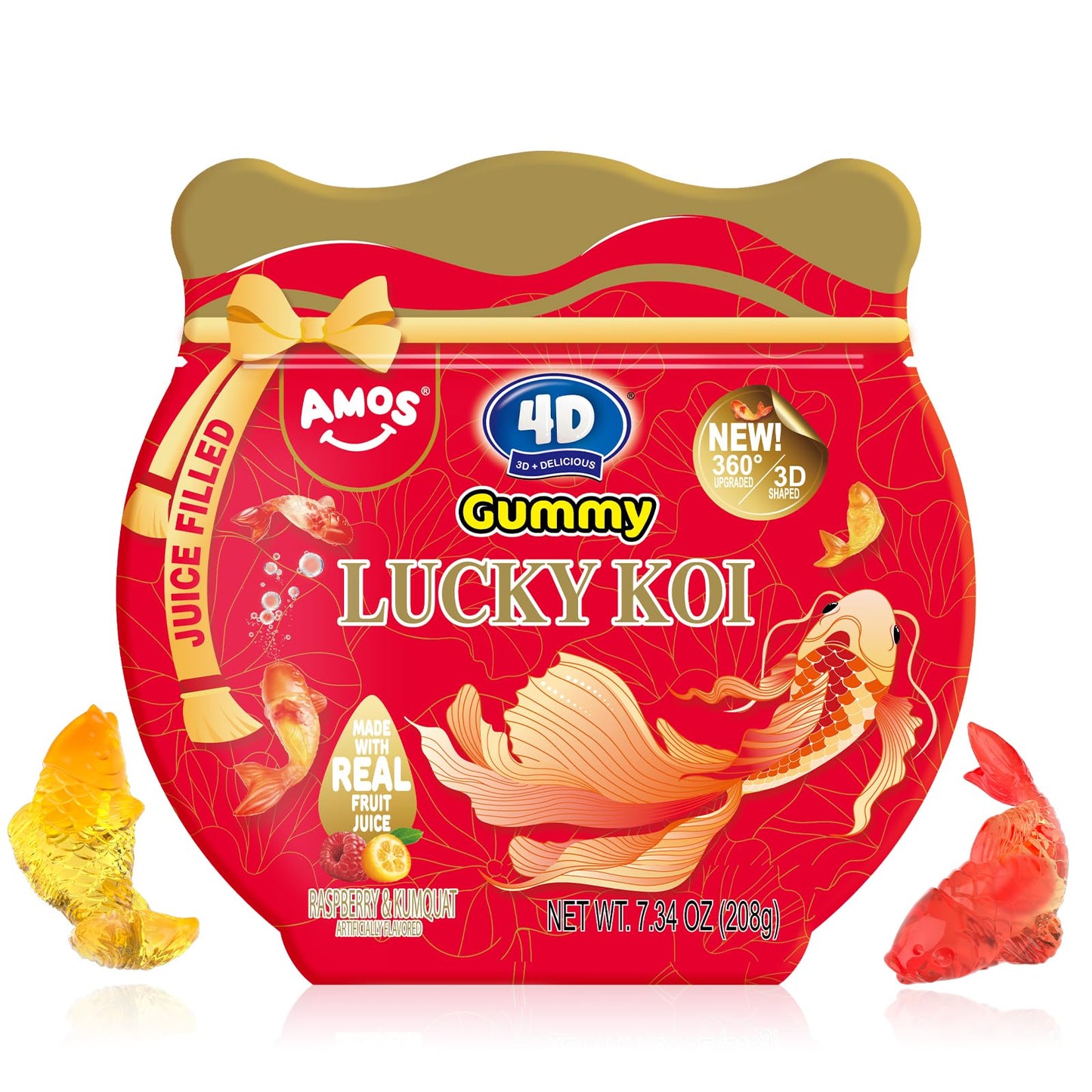 Amos 4D Gummy Lucky Koi Candy, 3D Koi-Shaped Gummies with Raspberry & Kumquat Juice, 208g Bag, Gluten-Free, Random Packaging