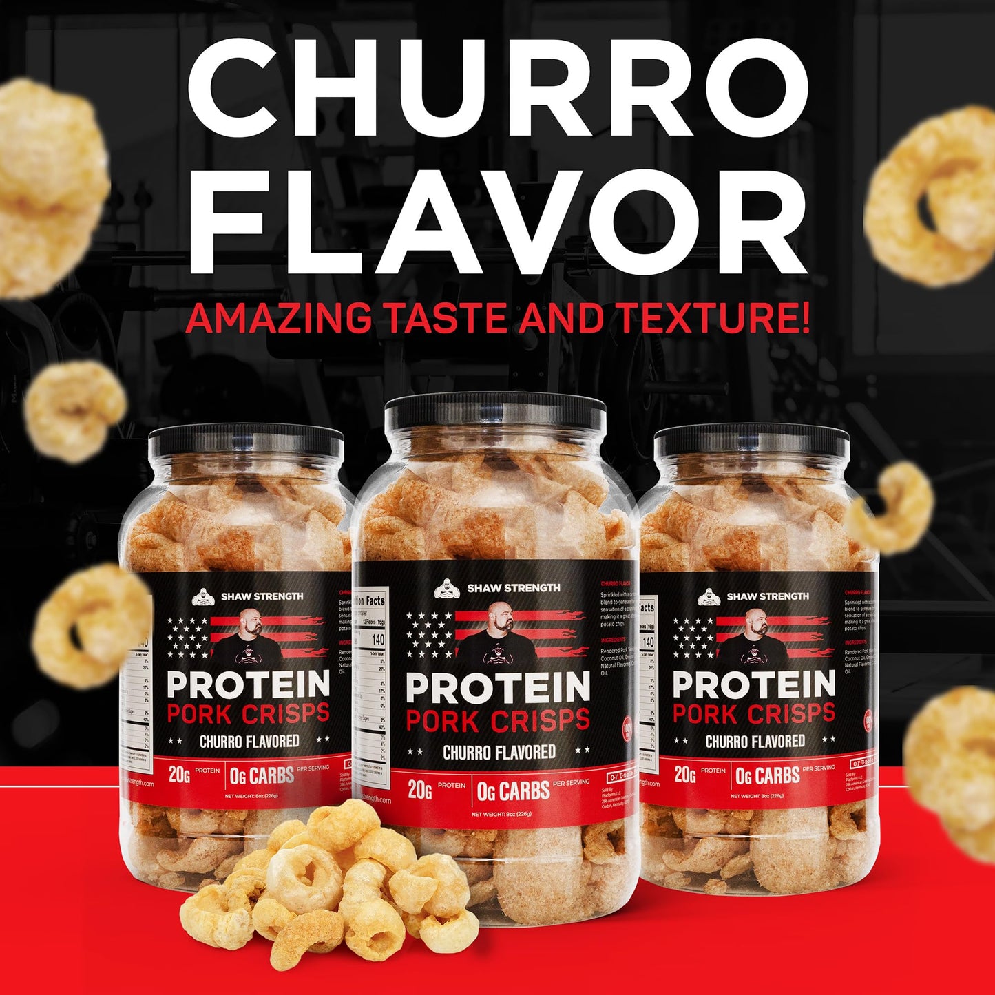 Shaw Strength Protein Pork Rinds (Churro, 8Oz); Developed For Worlds Strongest Man Brian Shaw, Keto-Friendly, High Protein, No C
