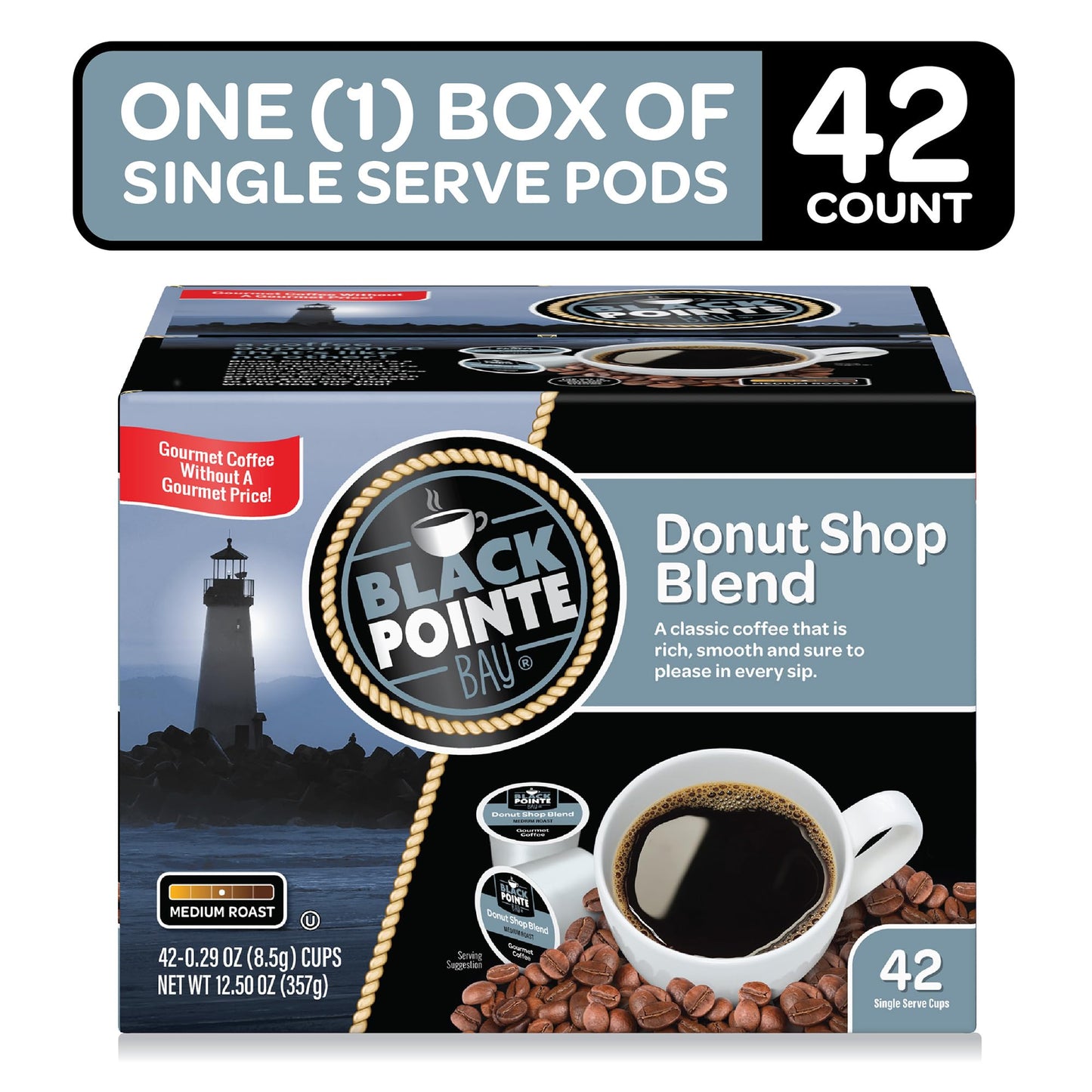 Black Pointe Bay Donut Shop Blend Coffee Pods, Medium Roast, 42 Count for Keurig K-Cup malt-inspired