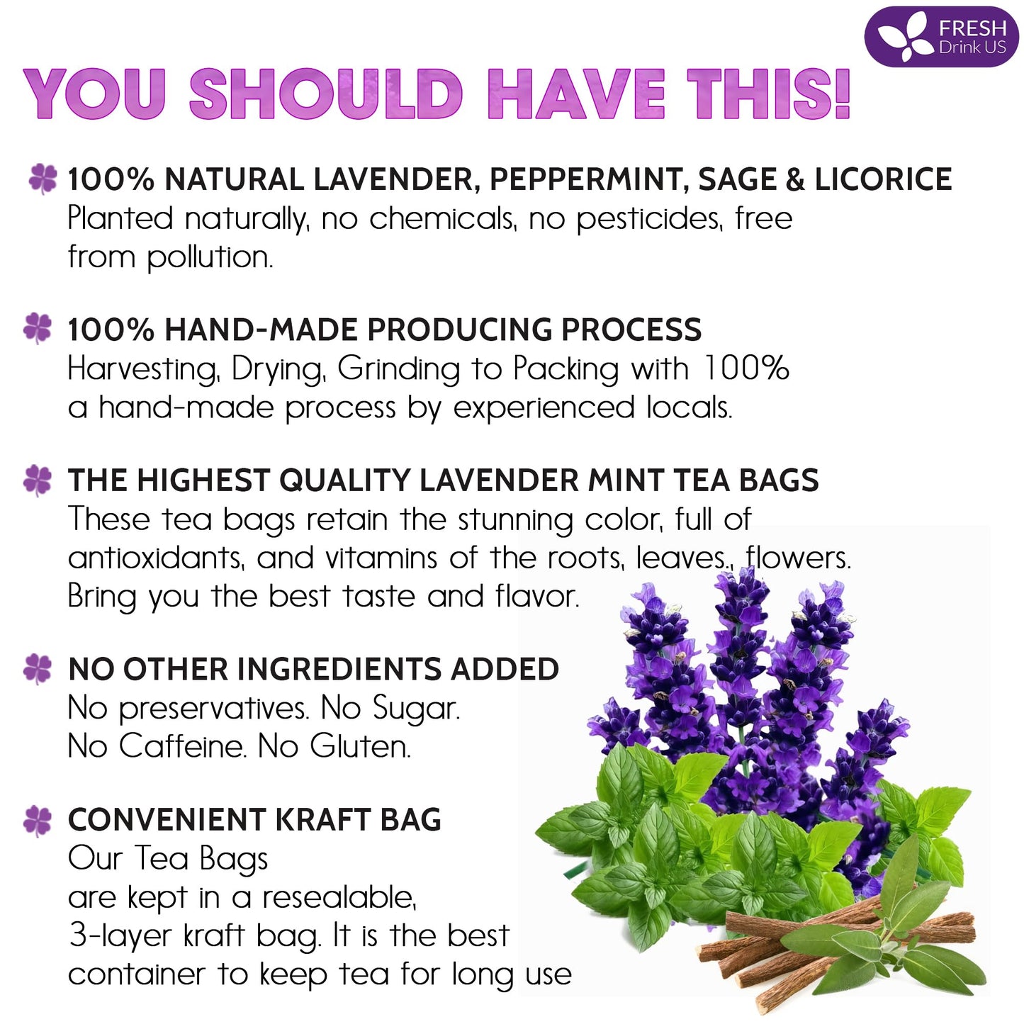 FRESHDRINKUS Lavender Mint Tea Bags, 100% Natural, 55 Count, Vegan, No Sugar, No Caffeine