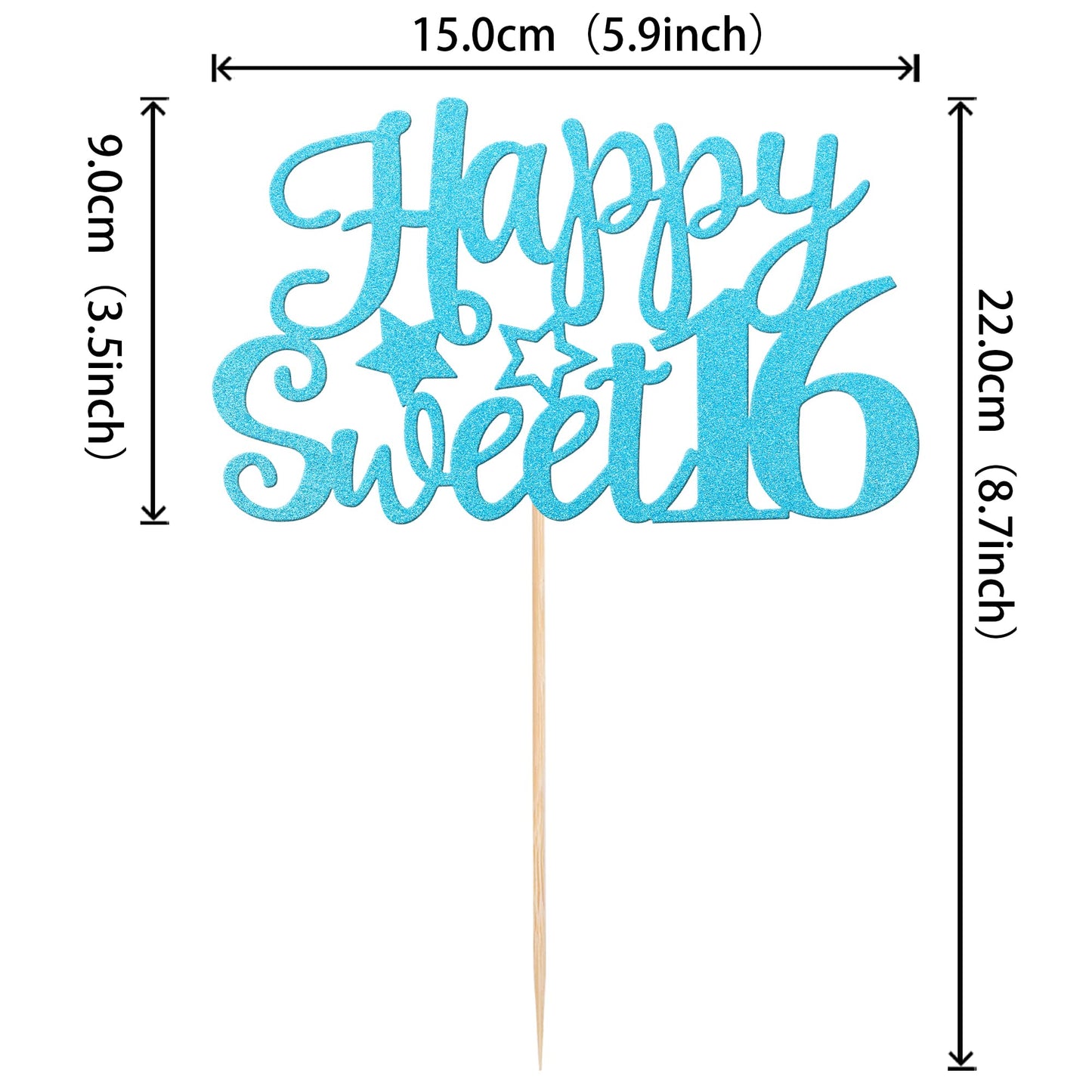 YCTHUNFISH Happy Sweet 16 Cake Topper, Glitter 16th Birthday Decoration, Light Blue, Bamboo Material