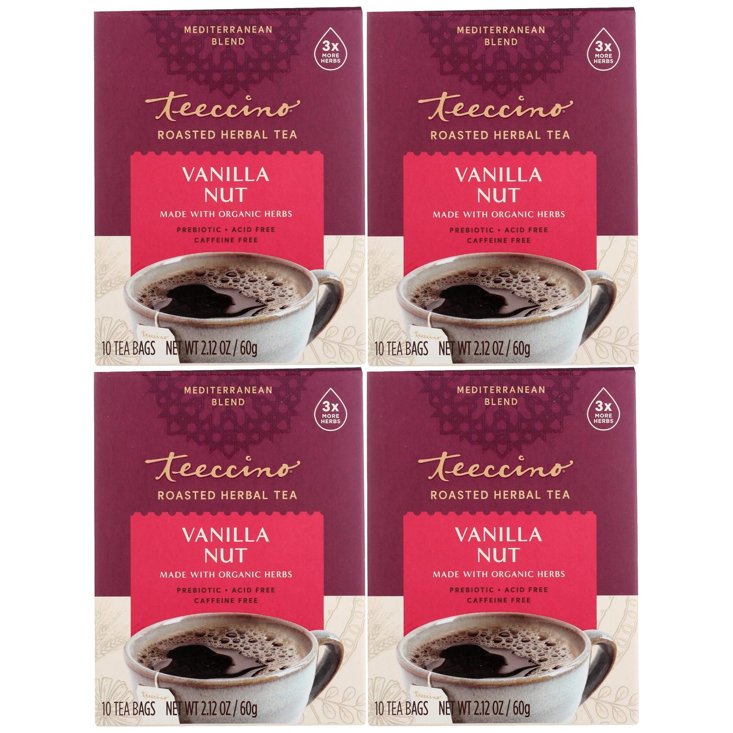 Teeccino Herbal Tea - Vanilla Nut, Caffeine-Free, Prebiotic, 10 Tea Bags, Pack of 4