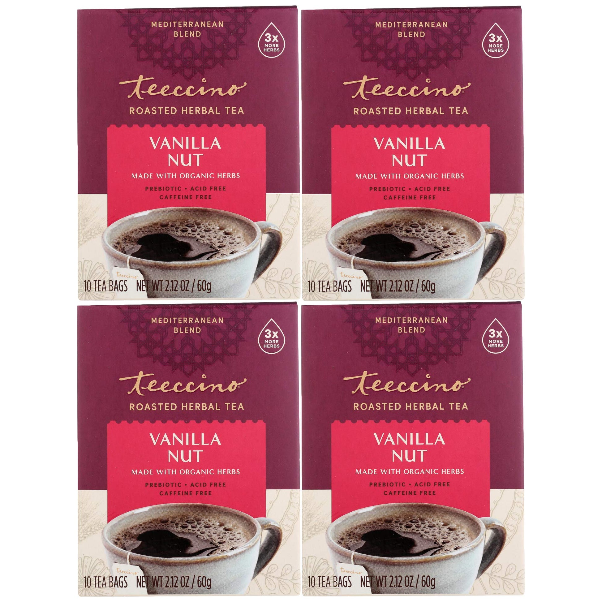 Teeccino Herbal Tea - Vanilla Nut, Caffeine-Free, Prebiotic, 10 Tea Bags, Pack of 4