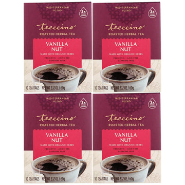 Teeccino Herbal Tea - Vanilla Nut, Caffeine-Free, Prebiotic, 10 Tea Bags, Pack of 4