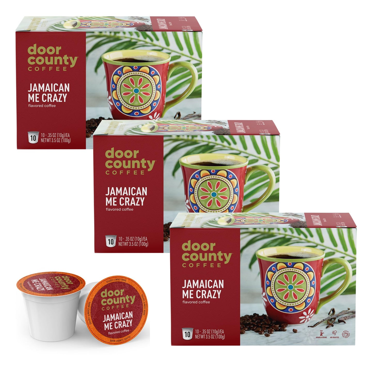 Door County Coffee Jamaican Me Crazy Flavored Ground Coffee, Medium Roast, Single Serve Cups, 30 Count