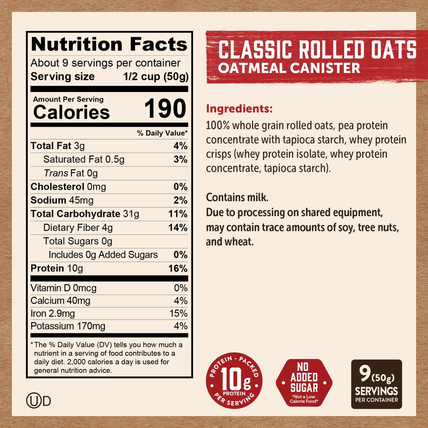 Kodiak Cakes Oatmeal Canister, Rolled Oats, High Protein, 100% Whole Grains (12 Canisters)