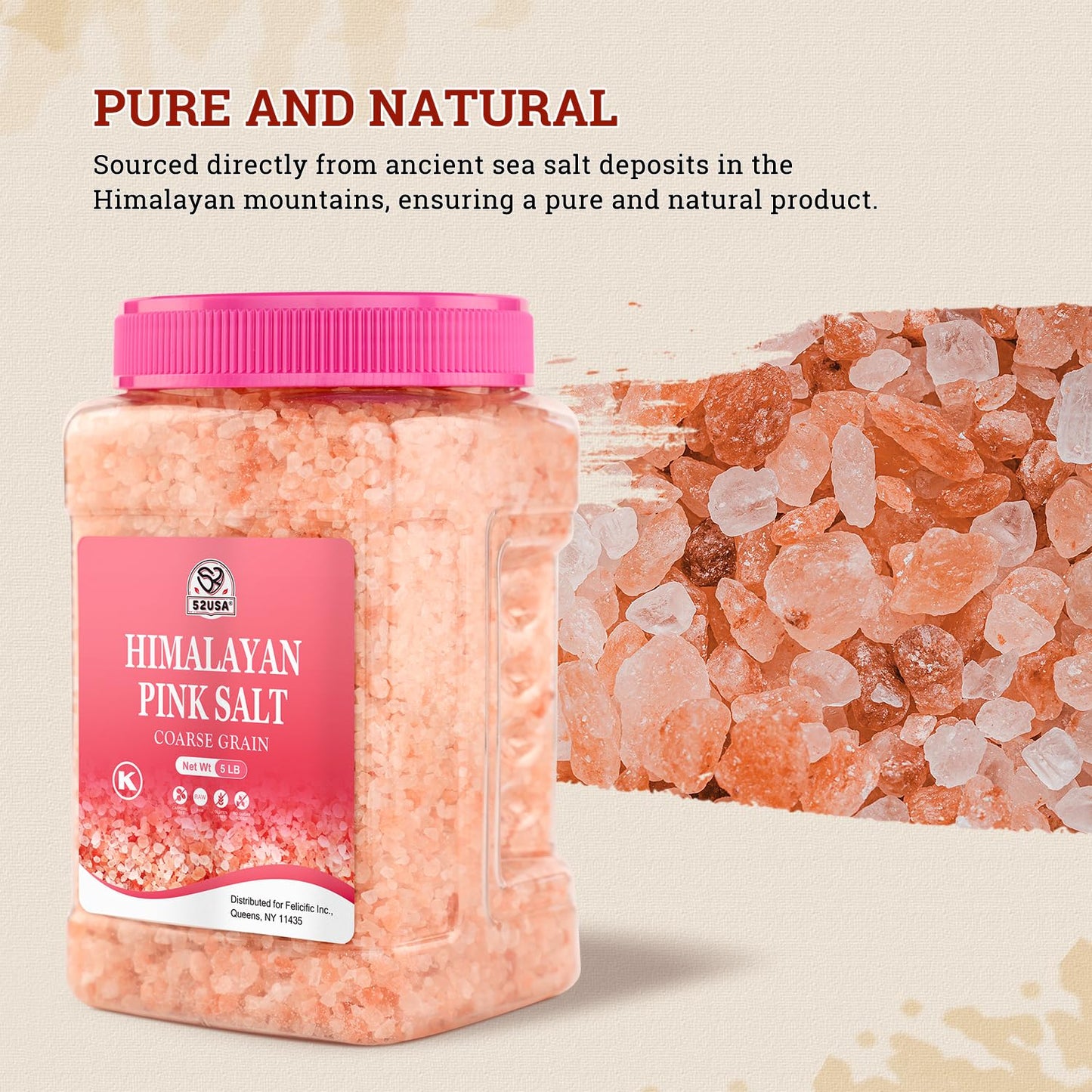 52USA Himalayan Pink Salt, Coarse Salt 5 Pound (80oz), Himalayan Salt, Pink Himalayan Sea Salt for Grinder Refill, Kosher Salt