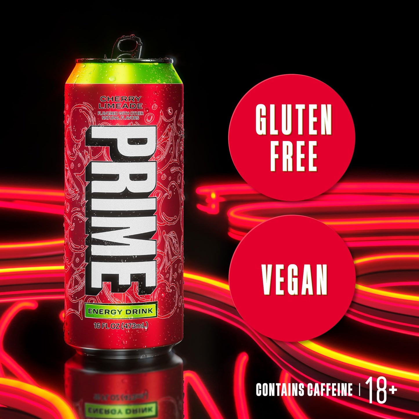 PRIME Energy Drink Cherry Limeade, Zero Sugar, 200mg Caffeine, 355mg Electrolytes, 16 Oz, Pack of 12, Vegan, Gluten Free