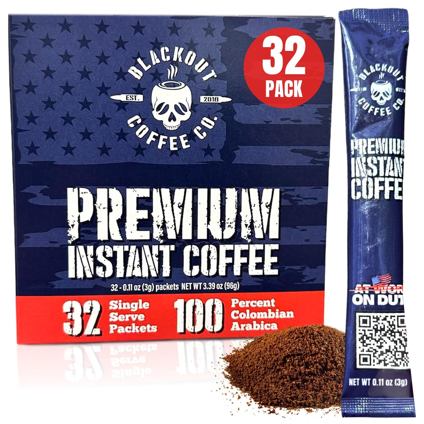 Blackout Coffee Colombian Arabica Instant Coffee - Medium Roast, Strong Aromatic, 32 Count Pack
