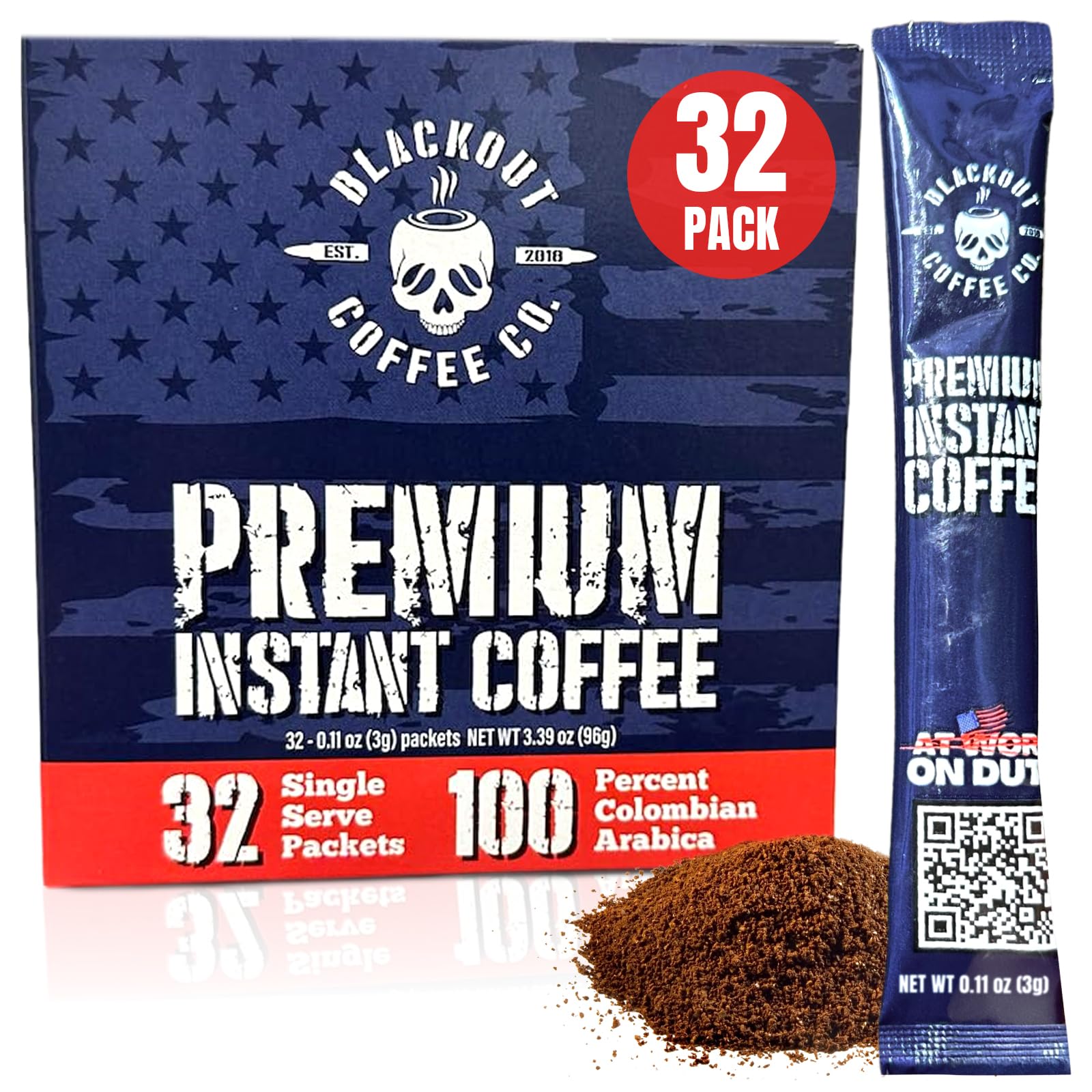 Blackout Coffee Colombian Arabica Instant Coffee - Medium Roast, Strong Aromatic, 32 Count Pack