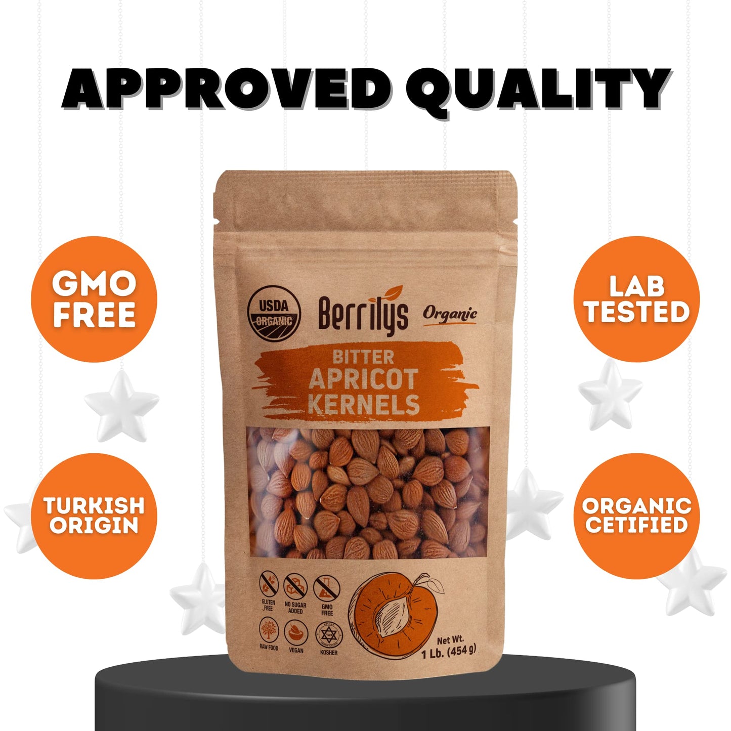 Berrilys Organic Bitter Apricot Kernels - Usda Certified Organic Bitter Apricot Seeds - Natural & Non-Gmo, Enhanced Quality Kernals, No Sulfur Or Additives - 16 Oz