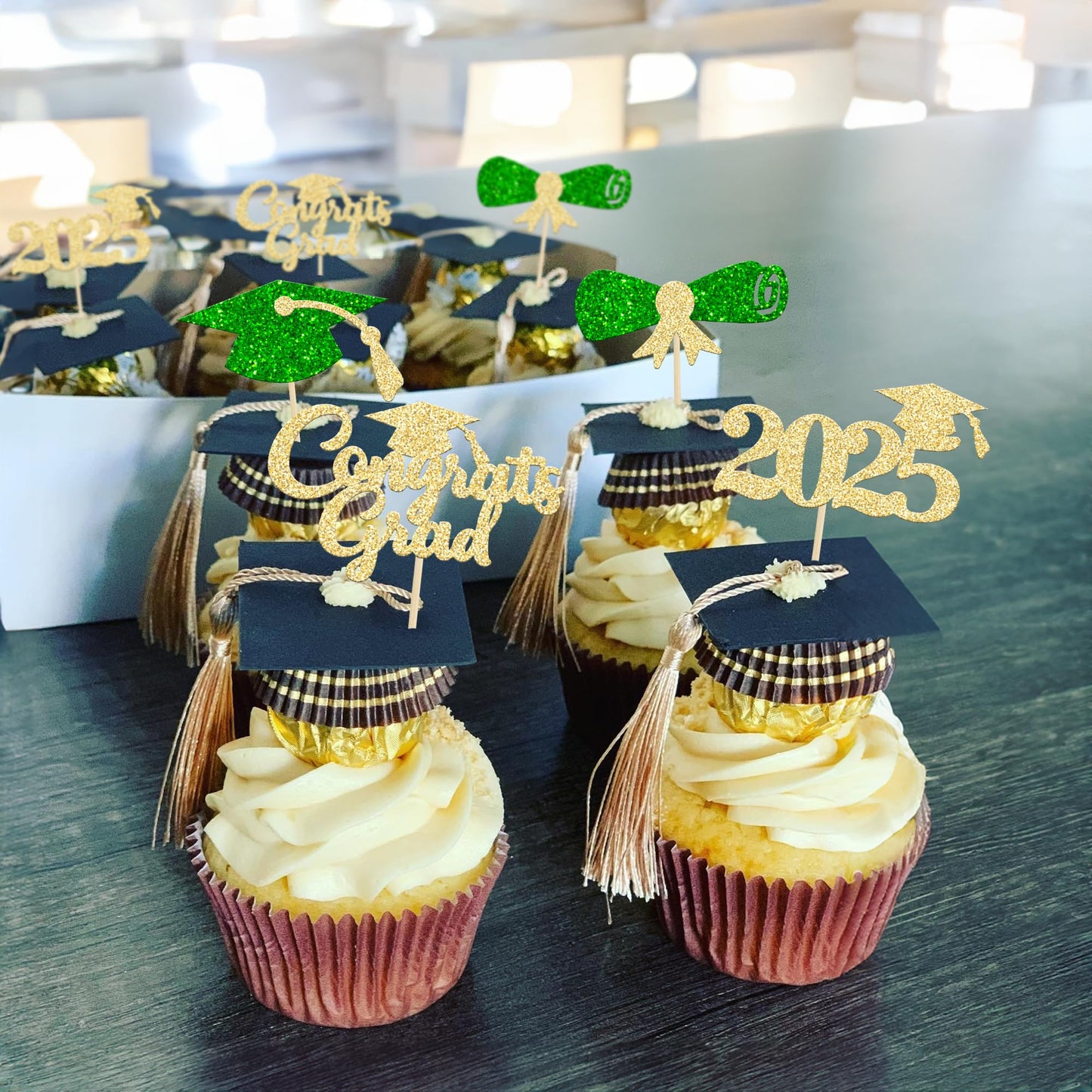 Gyufise 24Pcs 2025 Graduation Theme Cupcake Toppers Glitter Class Of 2025 Cupcake Picks Diploma Graduation Cap Cake Decorations