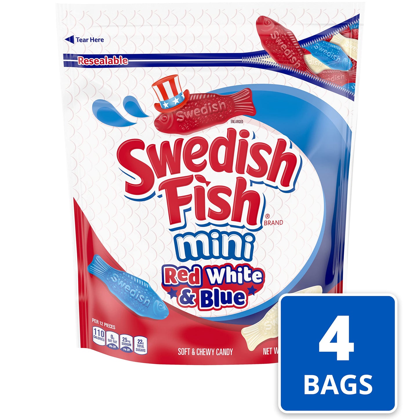 SWEDISH FISH Mini Red, White & Blue Soft & Chewy Candy, Bulk Candy, 4 - 1.8 lb Bags