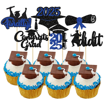 Gyufise 24Pcs 2025 Graduation Theme Cupcake Toppers Deep Blue Glitter Class of 2025 Diploma I Did it Congrats Grad Cap Cupcake P
