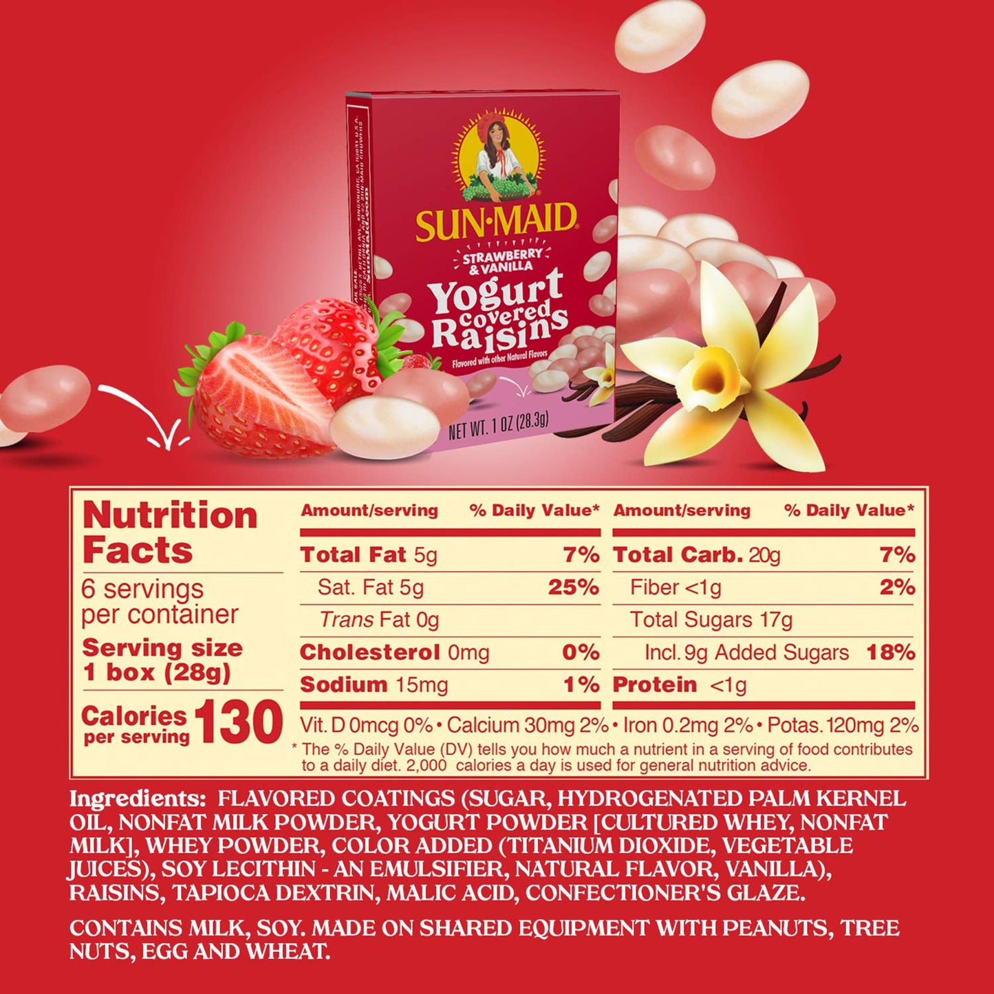 Sun-Maid Strawberry & Vanilla Yogurt Covered Raisins 6-Pack/1Oz Cartons