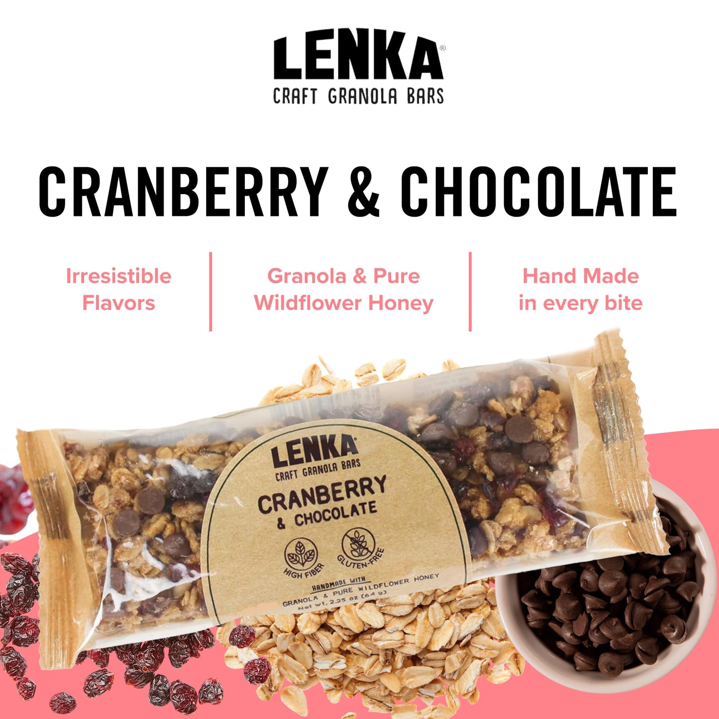 Lenka Handmade Craft Granola Bars - Cranberry Chocolate Gluten Free High Fiber - Nutritious Snack Bar With Organic Granola - 12