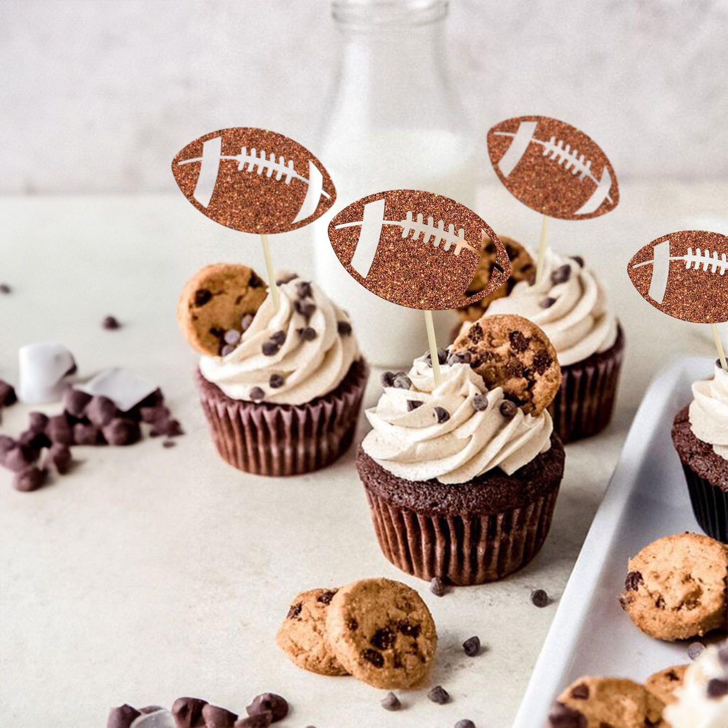 Ephlyn Rugby Football Cupcake Toppers, 24 Pcs, Brown, Paper, 2 x 4.3 inches, Sports Ball Theme Cake Decoration for Parties