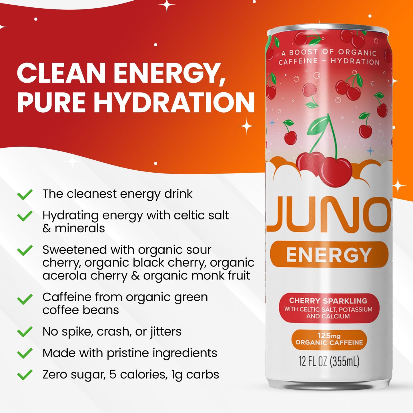 JUNO ENERGY Organic Cherry Sparkling Drink - Sugar Free Electrolytes  Energizing and Hydrating with 125mg Organic Caffeine from Green Coffee Beans  Organic Monk Fruit  Organic Sour and Black Cherry Juice & Electrolytes - Vegan  Gluten Free  12 Pack