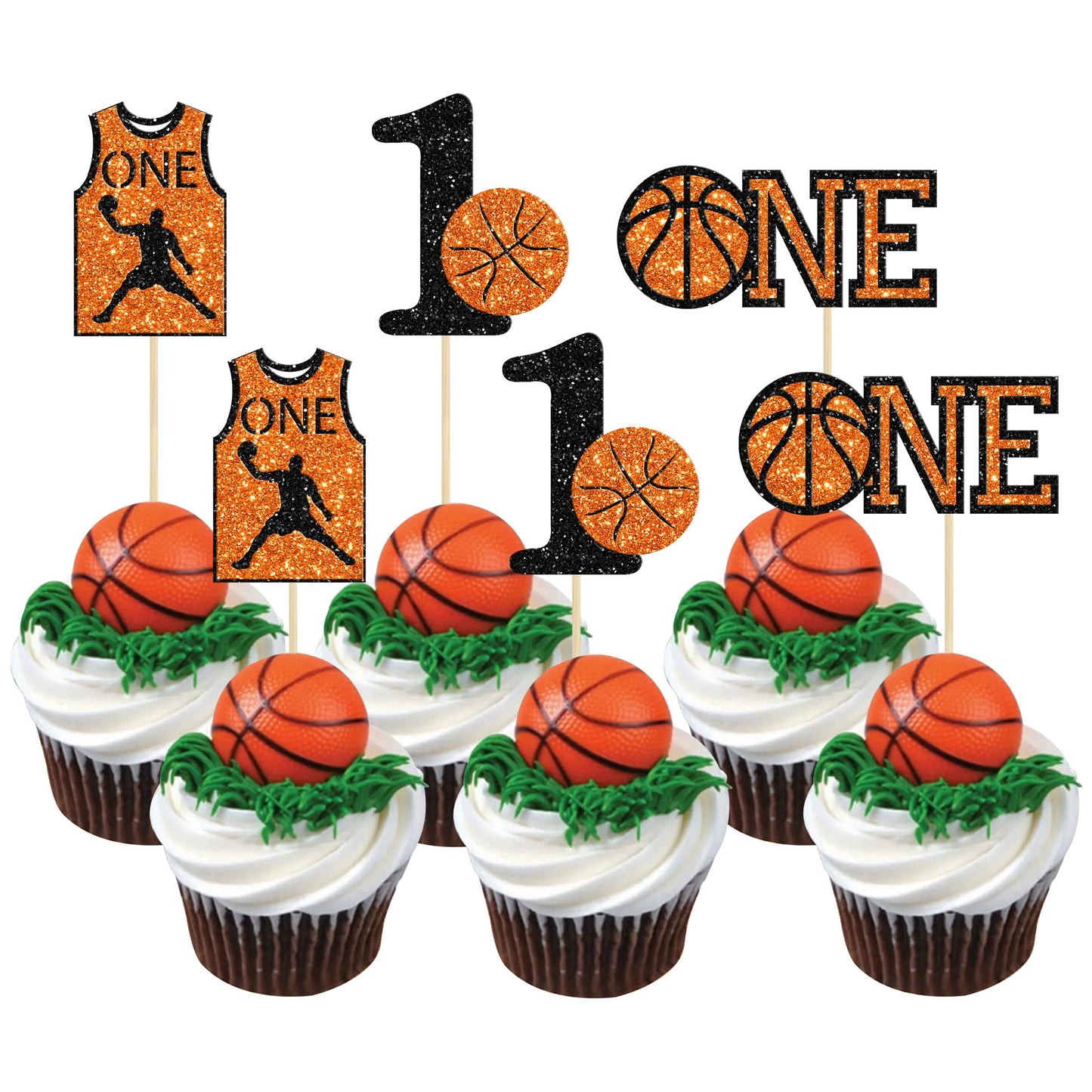 24Pcs Basketball One Cupcake Toppers Glitter Number 1 First Birthday Basketball Cupcake Picks For Basketball Sports Theme Baby S