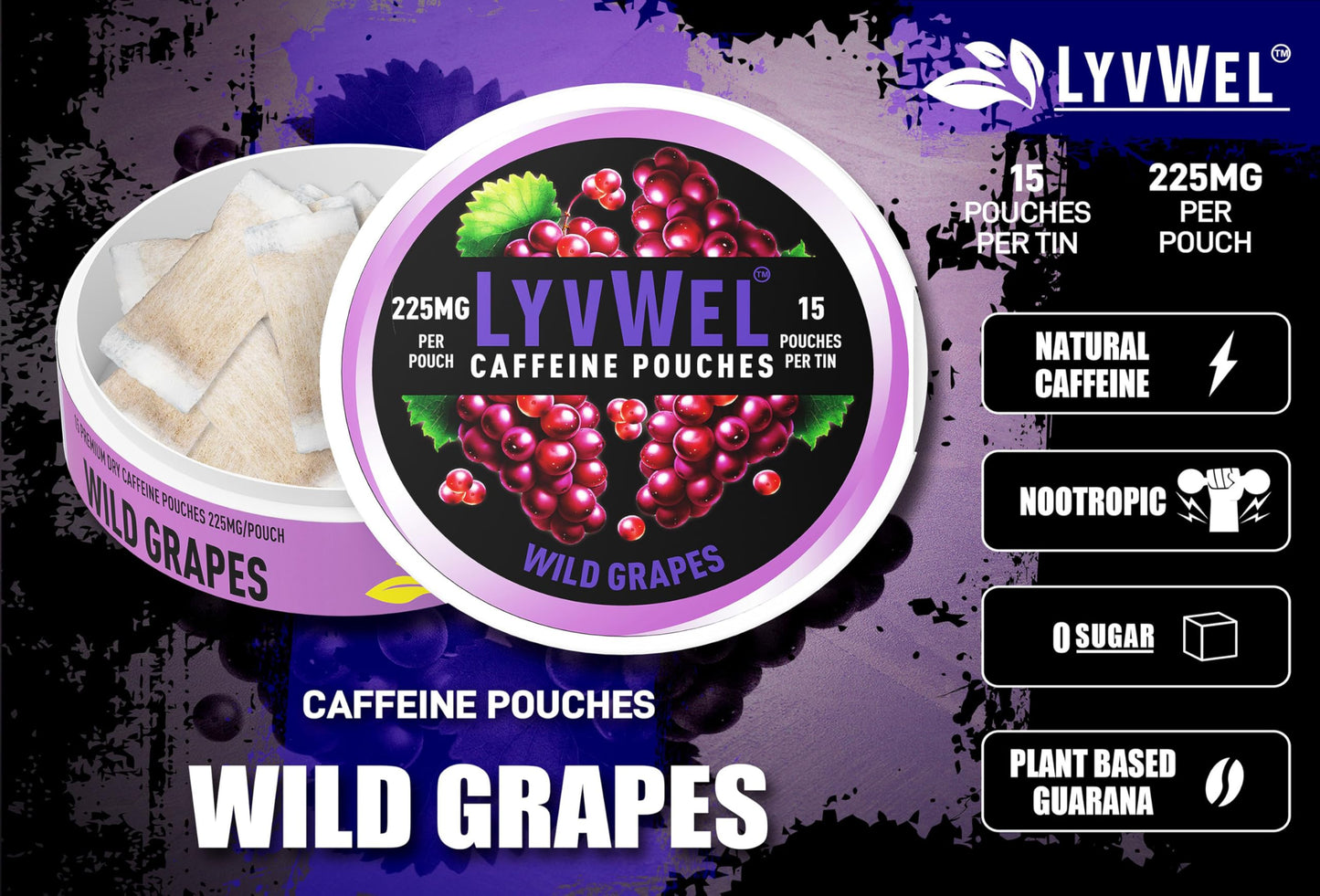 LyvWel Caffeine Energy Pouches | Nootropic Focus | smoky aroma-Free, Nicotine-Free | 15 Pouches (1 Pack, Wild G s)