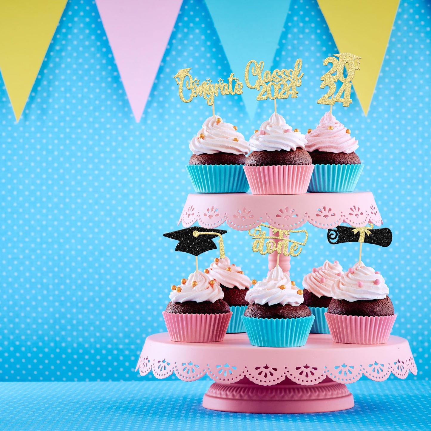 Graduation Cupcake Toppers 2024 Gold Glitter Class Of 2024 Cupcake Toppers Supplies 2024 Congrats Grad Cap Diploma Cupcake Picks