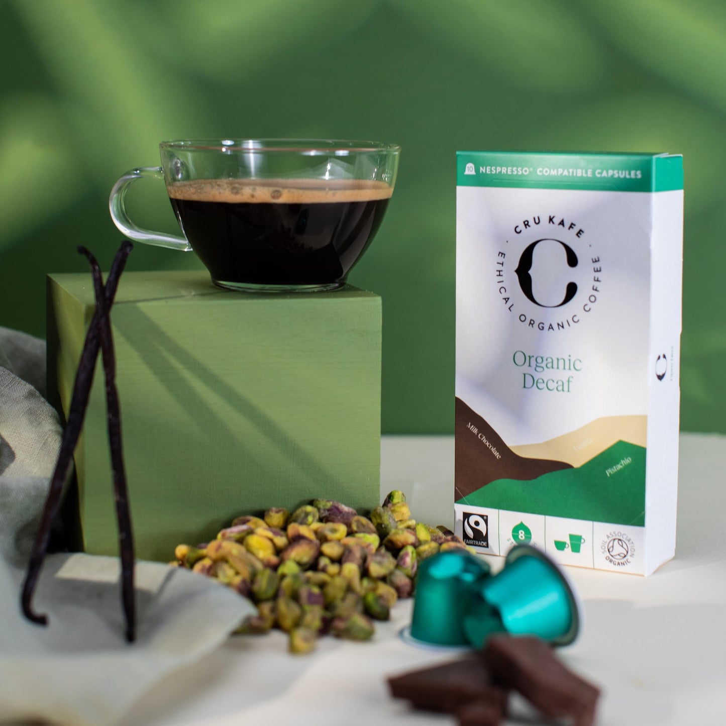 Cru Kafe Decaf USDA Organic Espresso Coffee Capsules (10 Pods) Fairtrade Coffee Pods Compatible with Nespresso Original Line and Pixie Machines