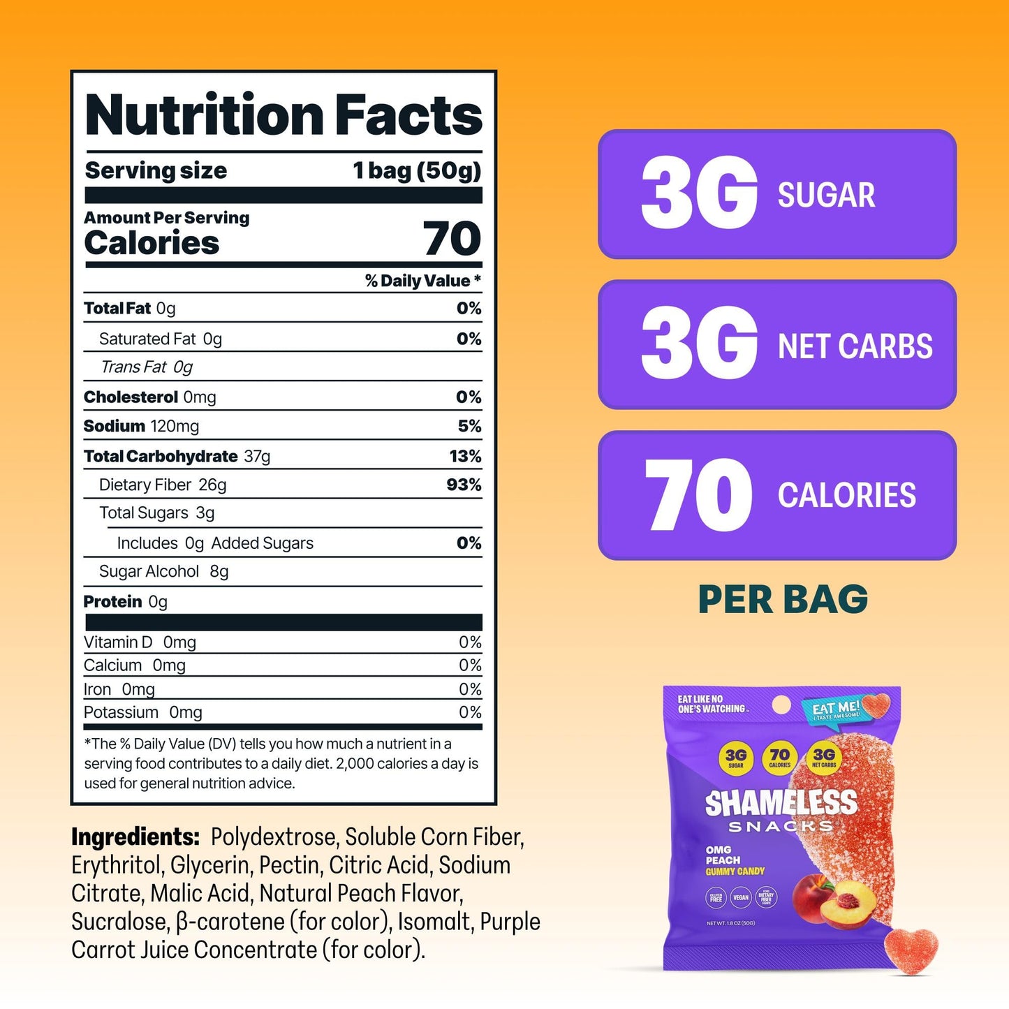 Shameless Snacks - Healthy Low Calorie Snacks, Low Carb Keto Gummies (Gluten Free) - 6 Pack Omg Peach