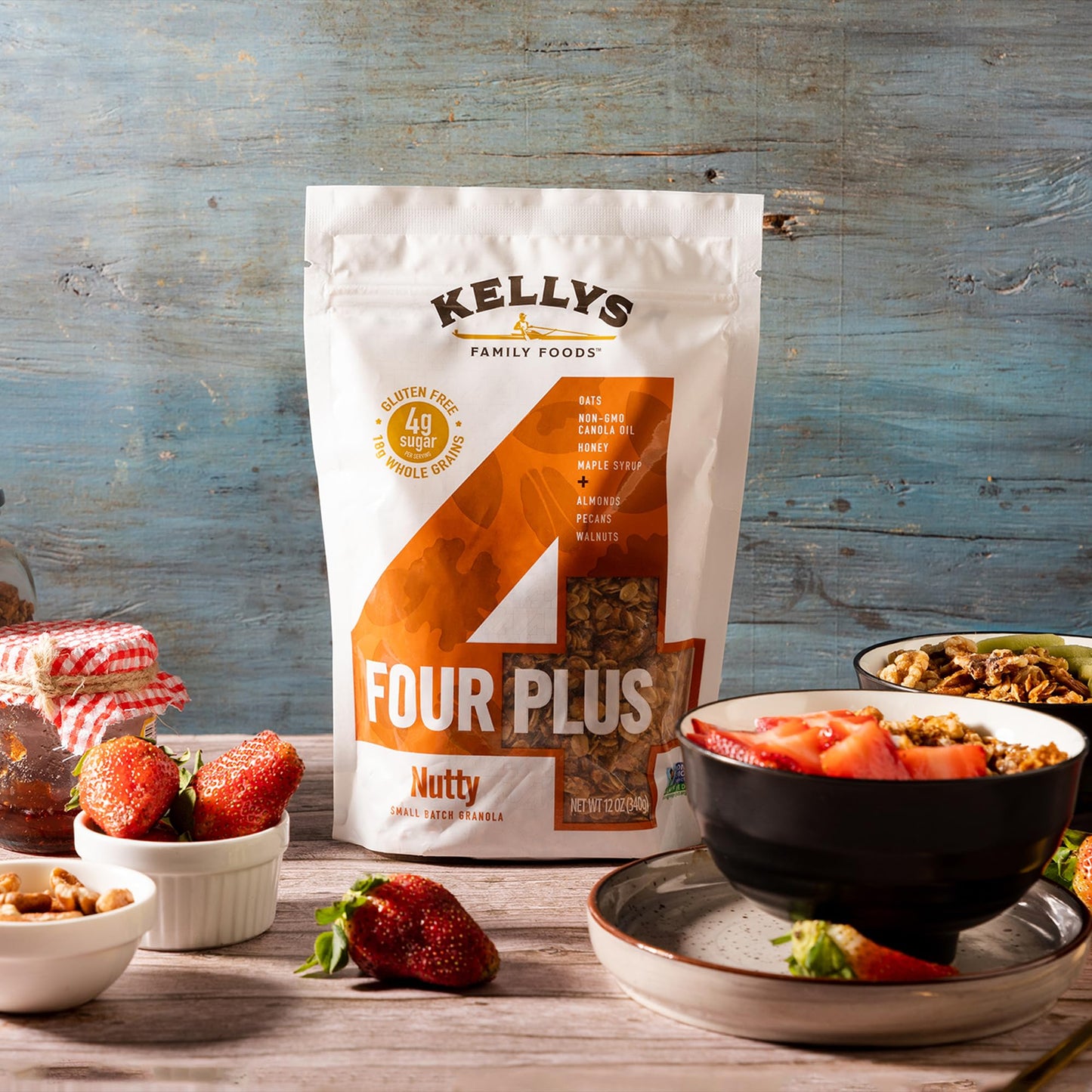 Kellys Four Plus Healthy Granola Cereal, Non-GMO, Low Sugar, Gluten Free, 12oz (Pack of 4)