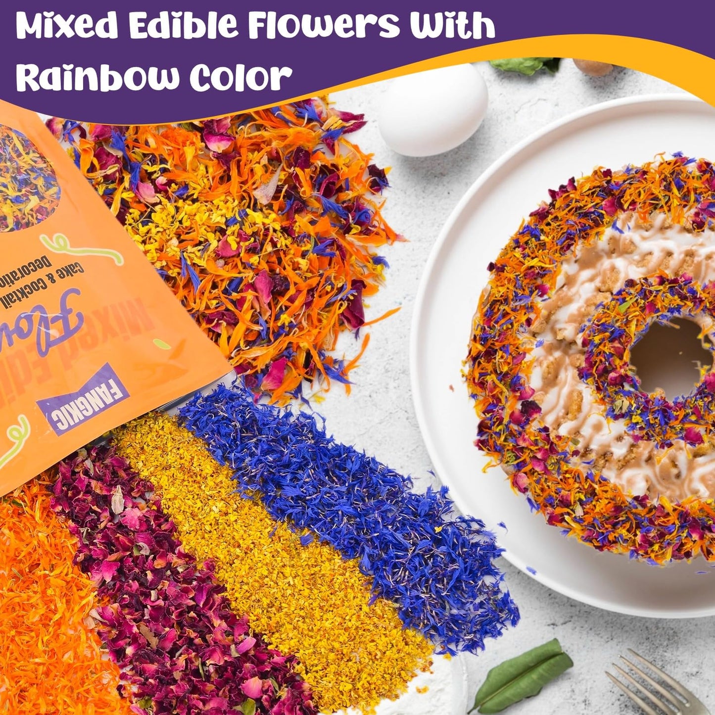 Fangkic Edible Flower Petal Blend - 4 Kinds (1.5 oz) for Cakes, Cocktails, Soap Making - Includes Rose, Cornflower, Osmanthus, Calendula