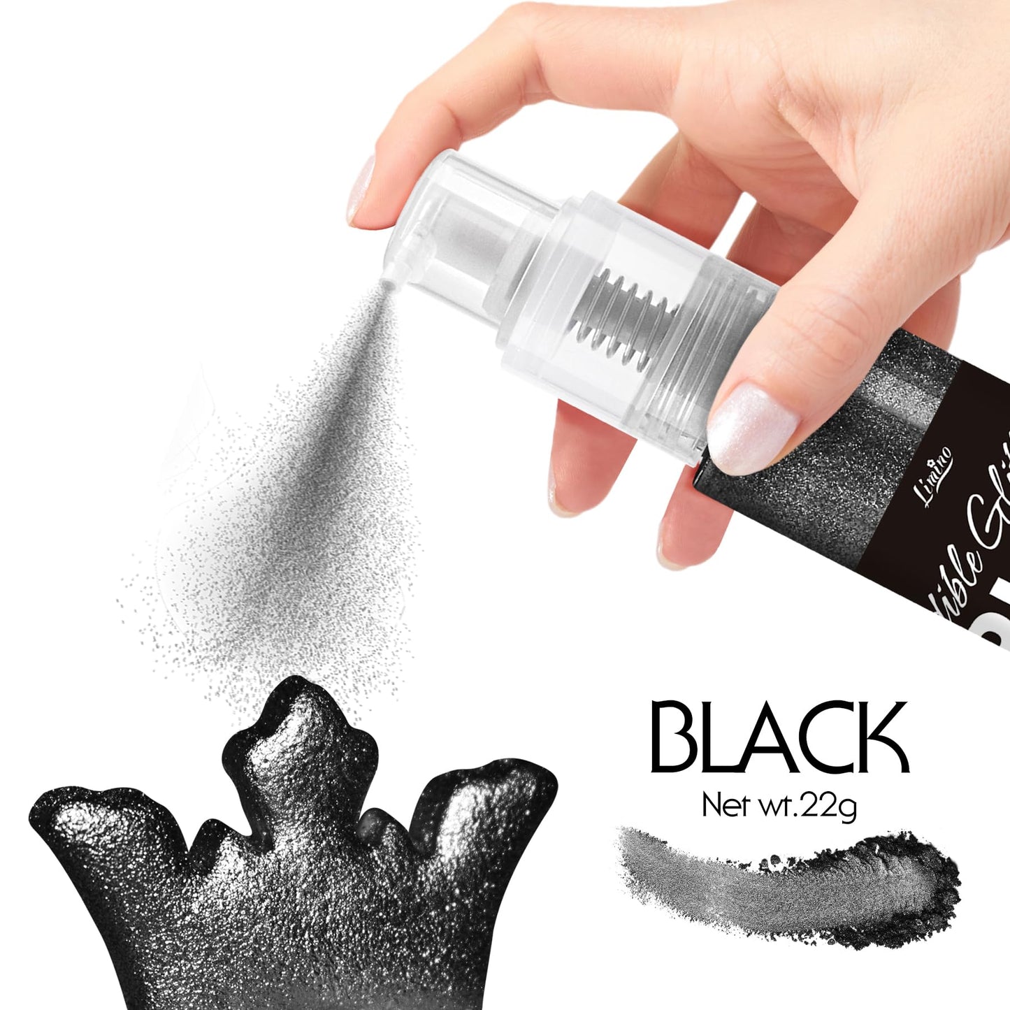 Limino Edible Glitter Spray - 22g Metallic Food Grade Glitter for Drinks, Cake Decorating, Baking - Black