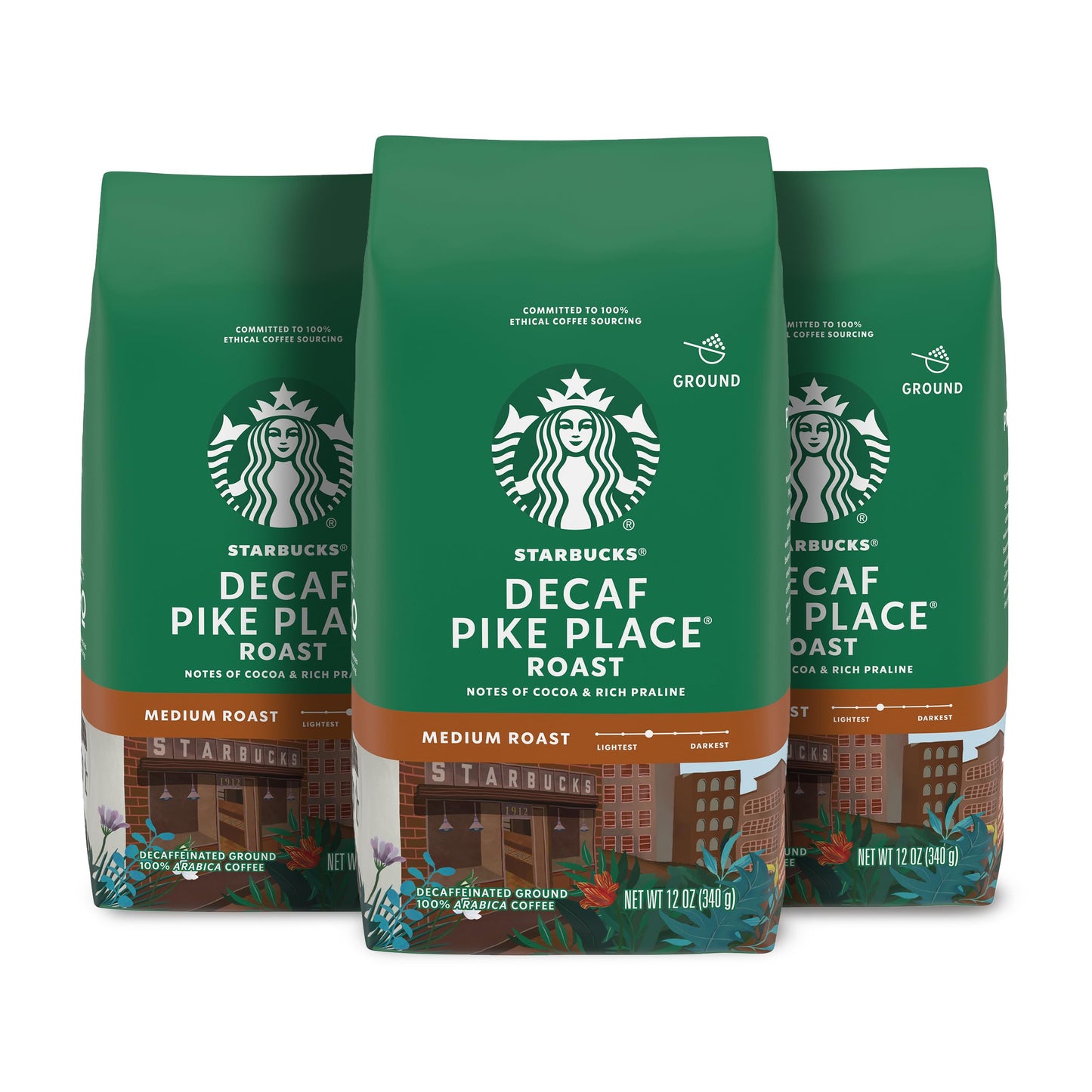 Starbucks Ground Coffee Decaf Pike Place Roast 100% Arabica 12 oz (Pack of 3) Coffee
