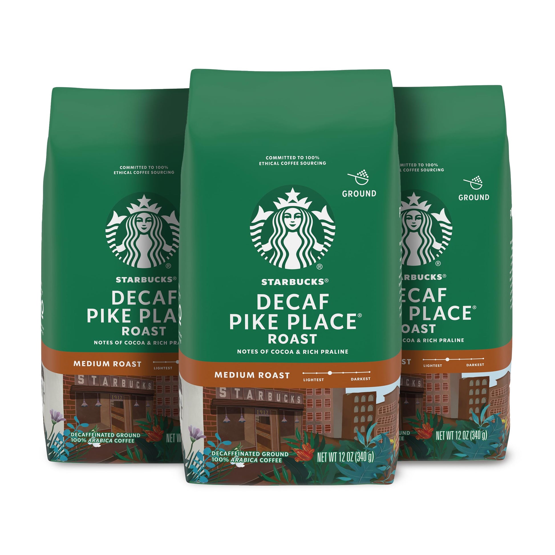 Starbucks Ground Coffee Decaf Pike Place Roast 100% Arabica 12 oz (Pack of 3) Coffee