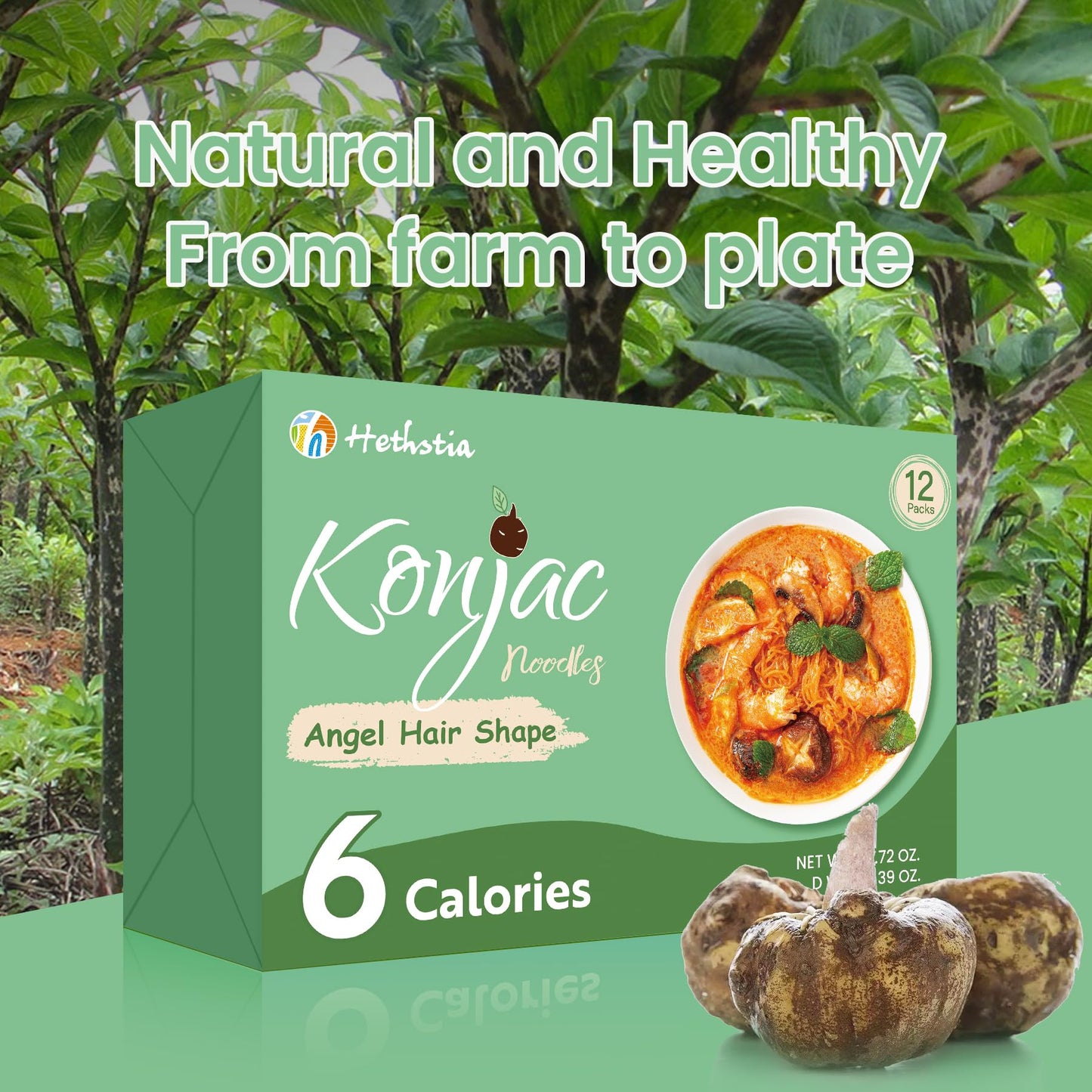 Hethstia Shirataki Noodles - 12 Pack Low Carb Konjac Angel Hair Pasta, Keto, Vegan, Gluten-Free, Sugar-Free, Low Calorie, Ready-