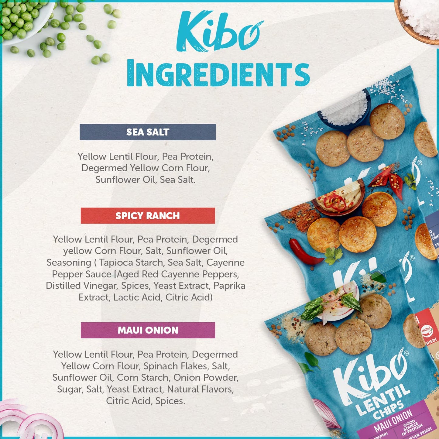 KIBO FOODS Lentil Chips Variety Pack - Gluten-Free, Vegan, Non-GMO - Maui Onion, Sea Salt, Spicy Ranch - 1 Ounce (Pack of 6)