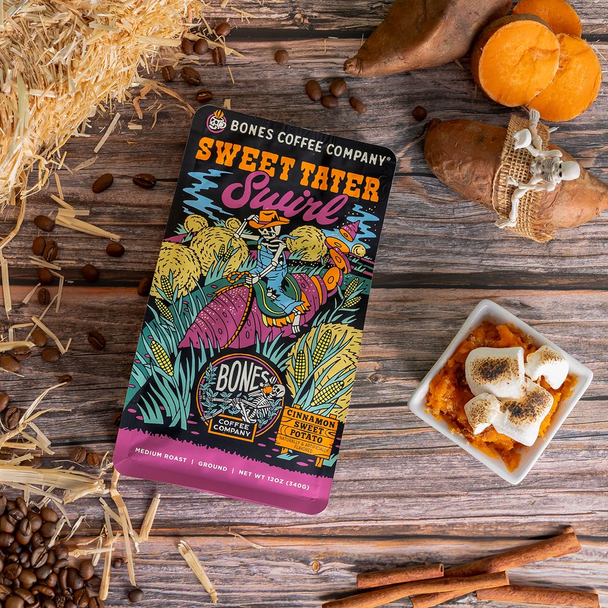 Bones Coffee Company Sweet Tater Swirl, Cinnamon Sweet Potato Flavored Coffee, Medium Roast Low Acid Arabica Beans Compatible wi