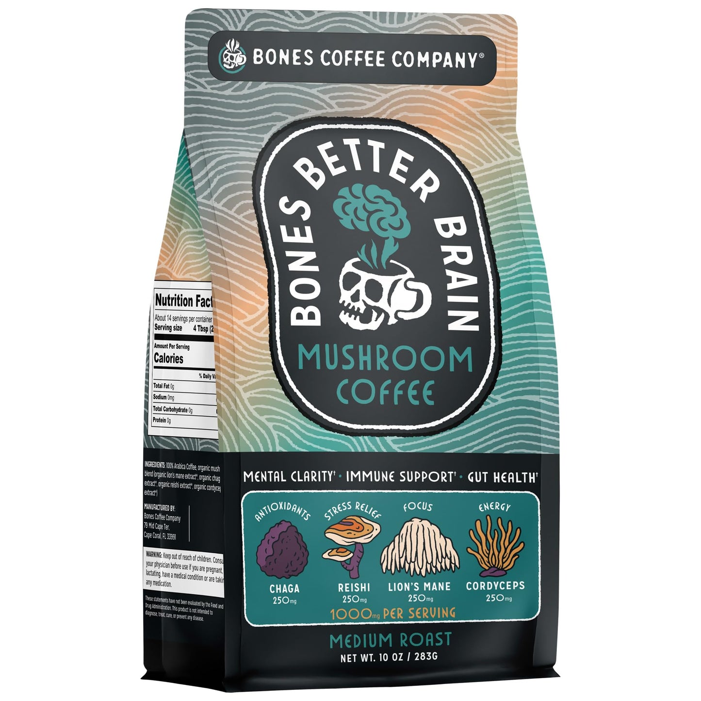 Bones Coffee Company Better Brain Mushroom Coffee Medium Roast Low Acid Arabica Coffee with Mushroom Blend for Energy  Focus  Digestion and Immunity Support  Vegan & Keto-Friendly  10 oz Ground
