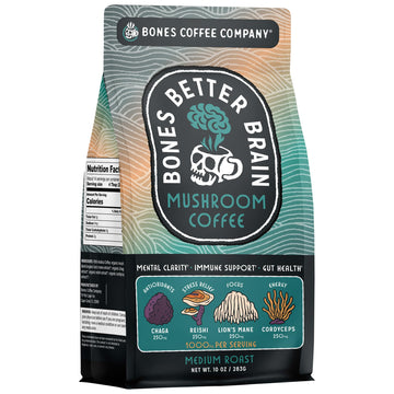 Bones Coffee Company Better Brain Mushroom Coffee Medium Roast Low Acid Arabica Coffee with Mushroom Blend for Energy  Focus  Digestion and Immunity Support  Vegan & Keto-Friendly  10 oz Ground
