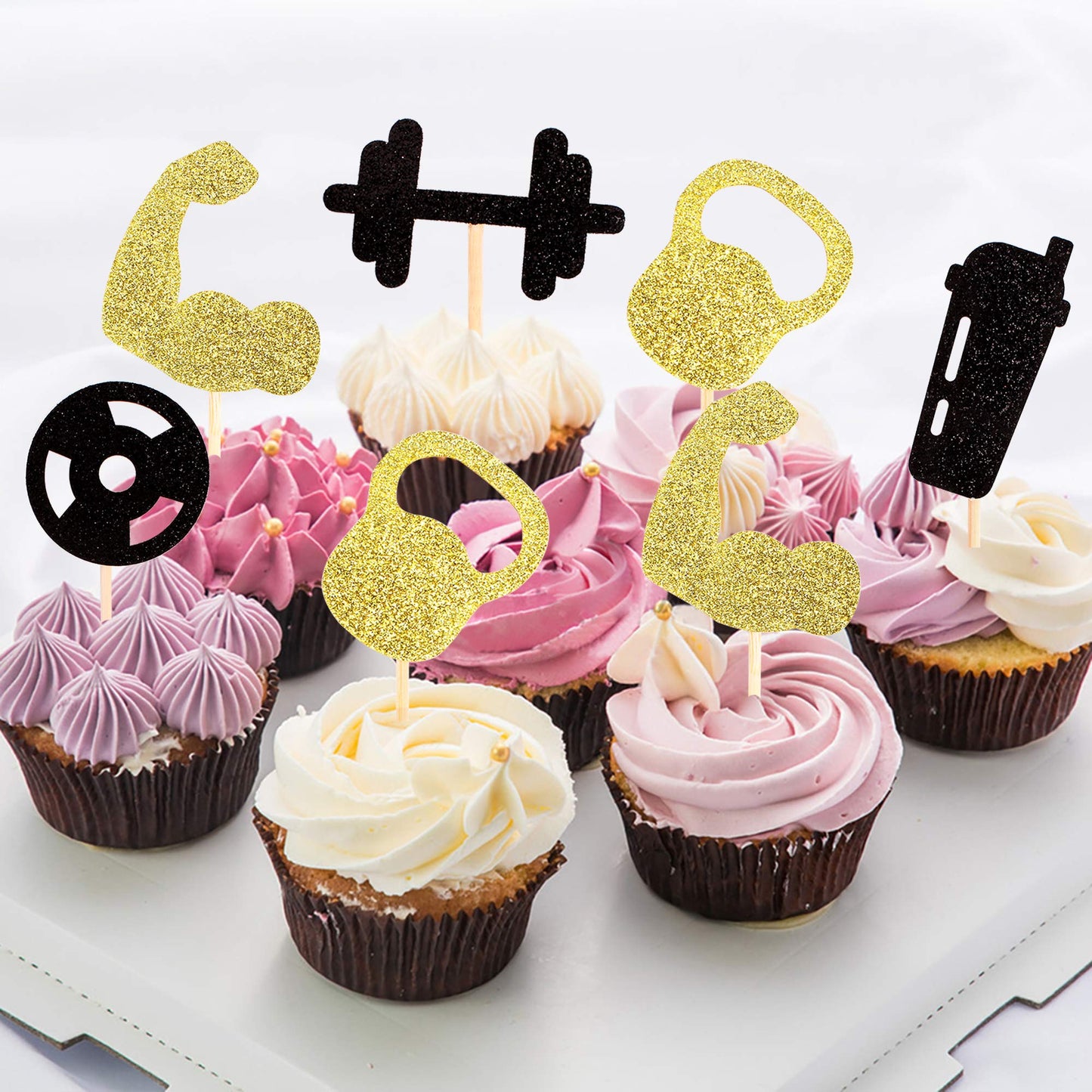 Ercadio 30 Pack Gym Workout Cupcake Toppers Glitter Biceps Dumbbells Kettlebells Abodominal Wheels Bodybuilding Cupcake Picks Fi
