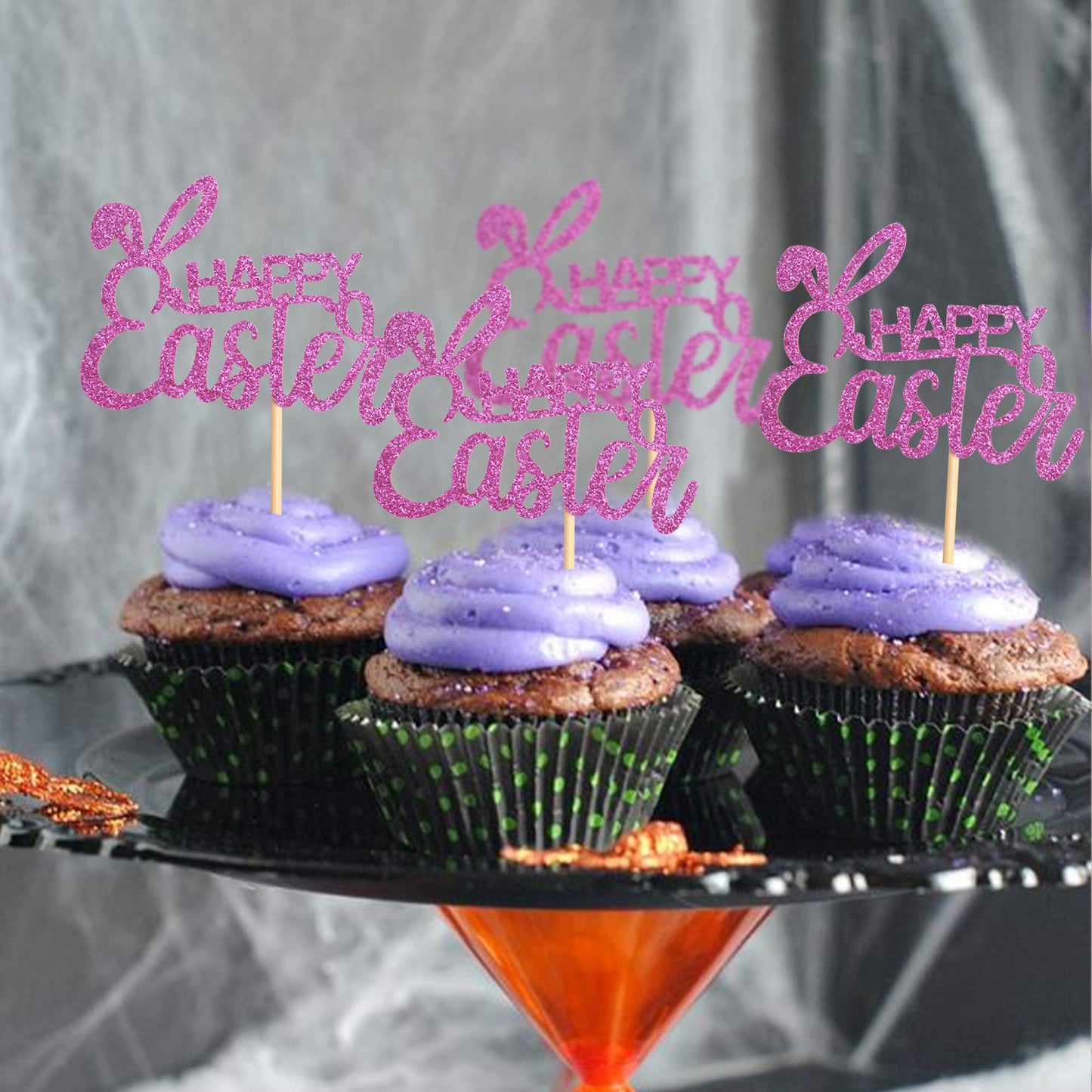Ercadio 36 Pack Happy Easter Cupcake Toppers Glitter Rabbit Ear Cupcake Picks Happy Easter Theme Party Cake Decorations Purple