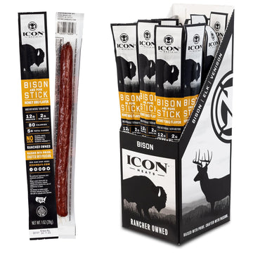 Icon Meats Bison And Pork Snack Sticks - Honey Bbq Flavor - 24 Pack Of Individually Wrapped Jerky Meat Sticks, Usda Approved, Al