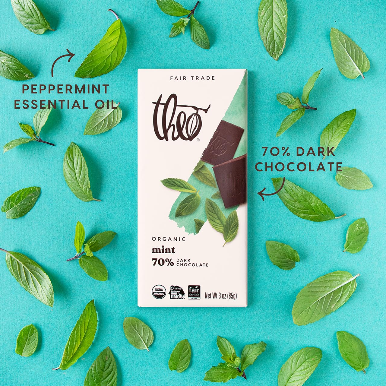 Theo Chocolate Mint Organic Dark Chocolate Bar, 70% Cacao, 12 Pack | Vegan, Fair Trade